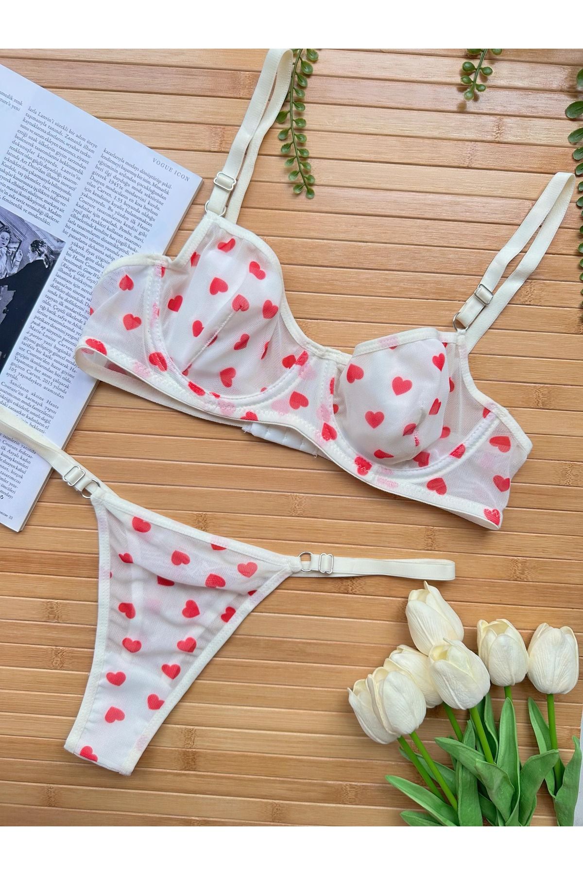 BLUE AVCI LINGERIE Kalp Desenli Tül Bra Takım
