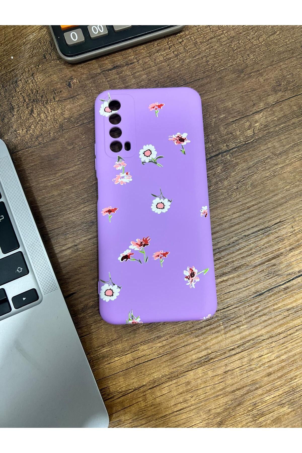 HZR Huawei P Smart 2021 Çiçek Desenli Mor Silikon Kılıf