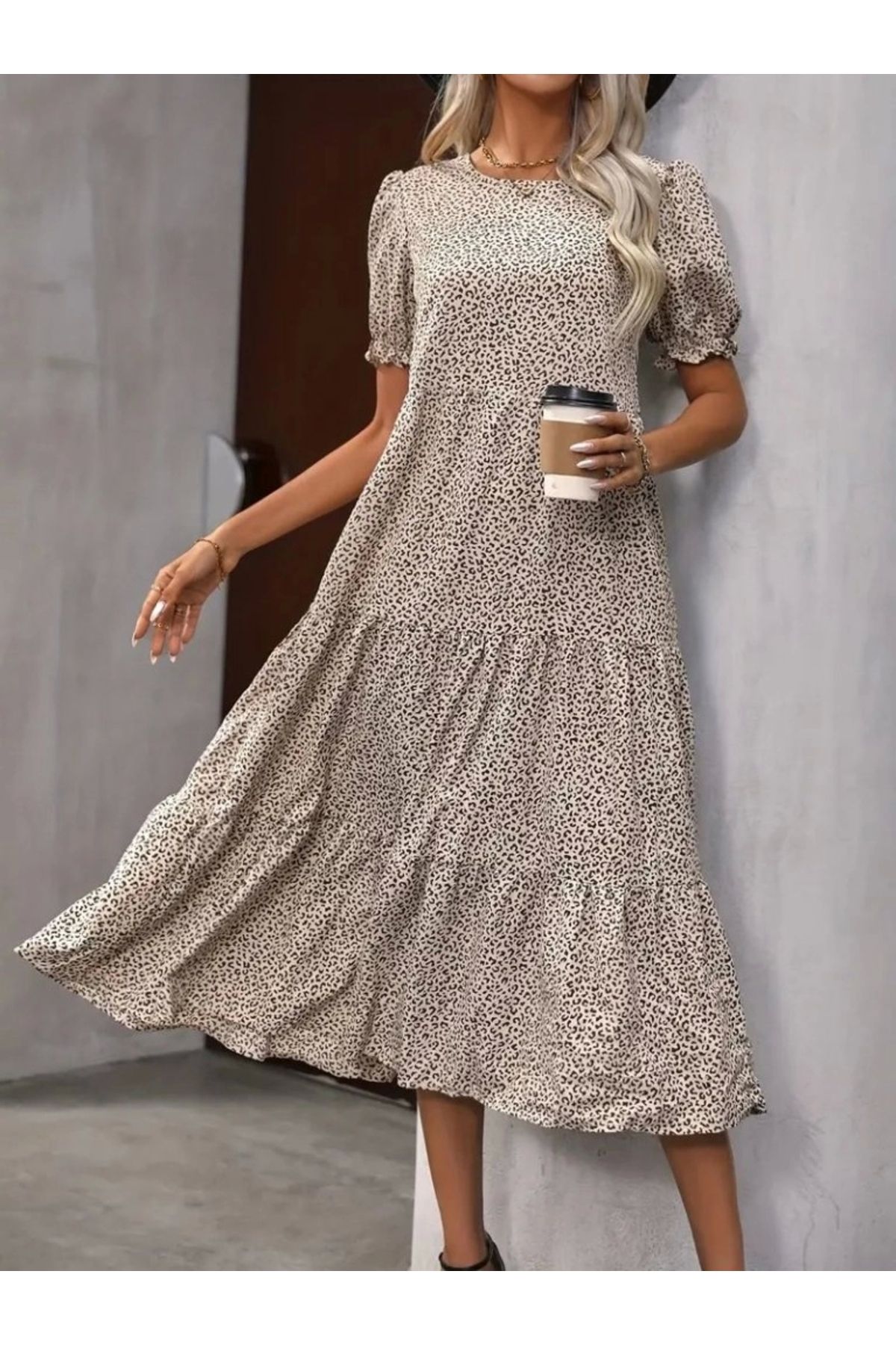 Butik Kadın Mini Leopar Desen Midi üç Kat Elbise