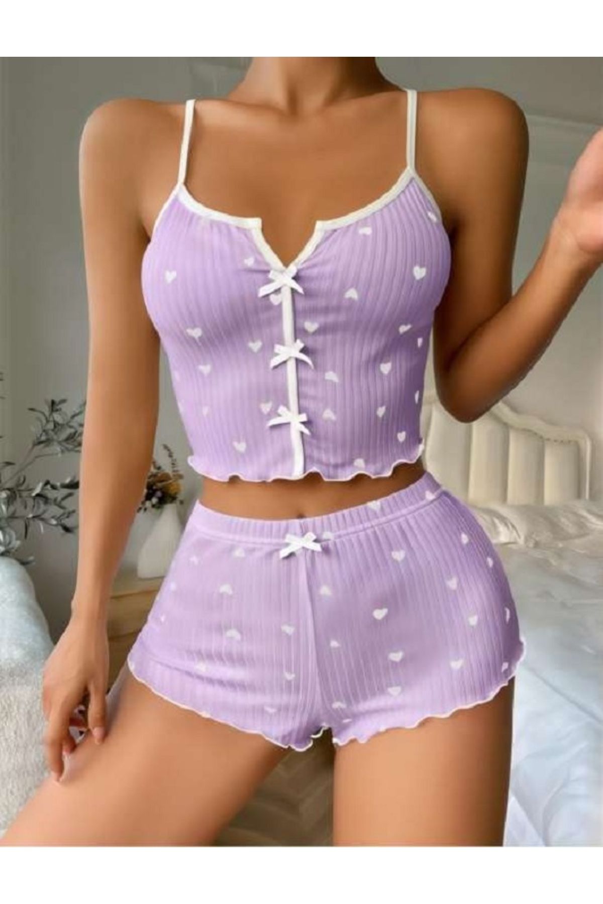 Bleu Petite Desenli Örme Kadın Şortlu Pijama Takım