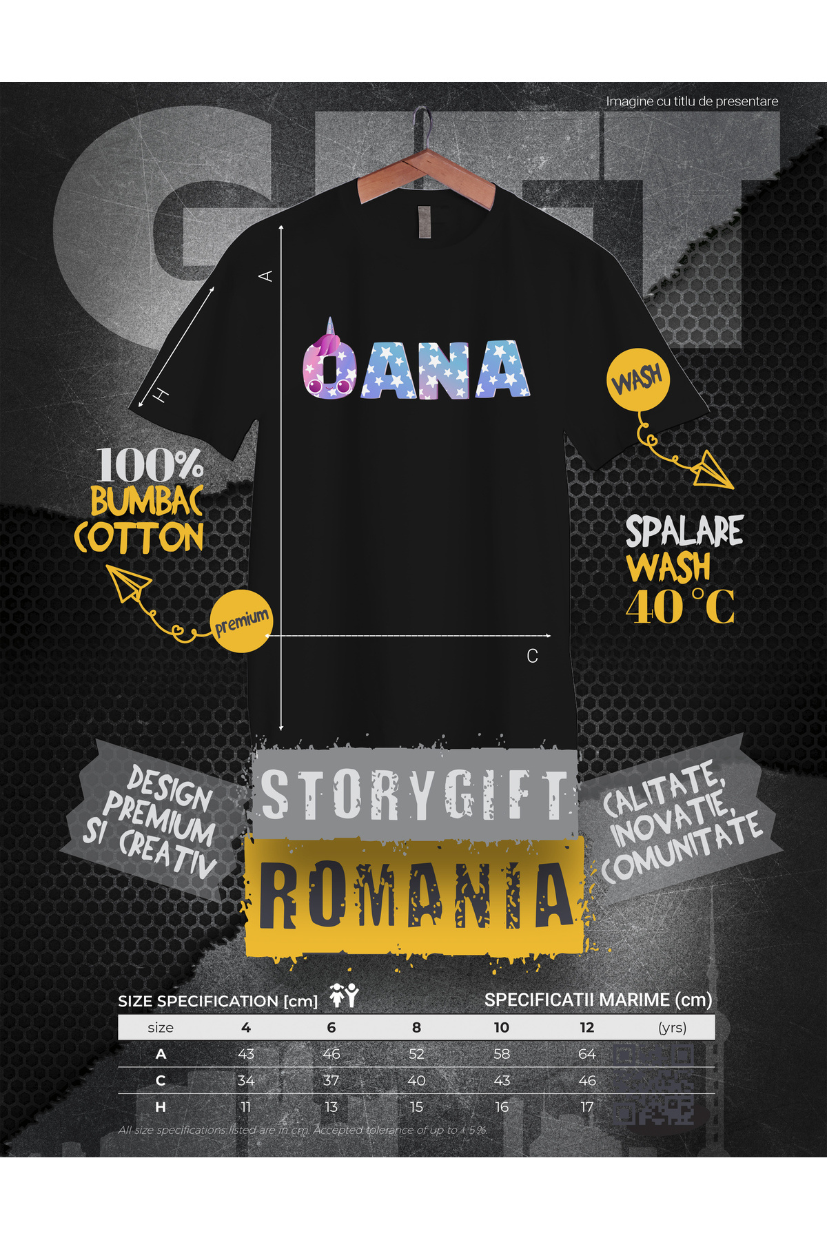 StoryGift Romania-Kids Girls T-Shirt Named Oana, Unicorn, Princess, Fairytale, Cute 100% Cotton, Unisex 3