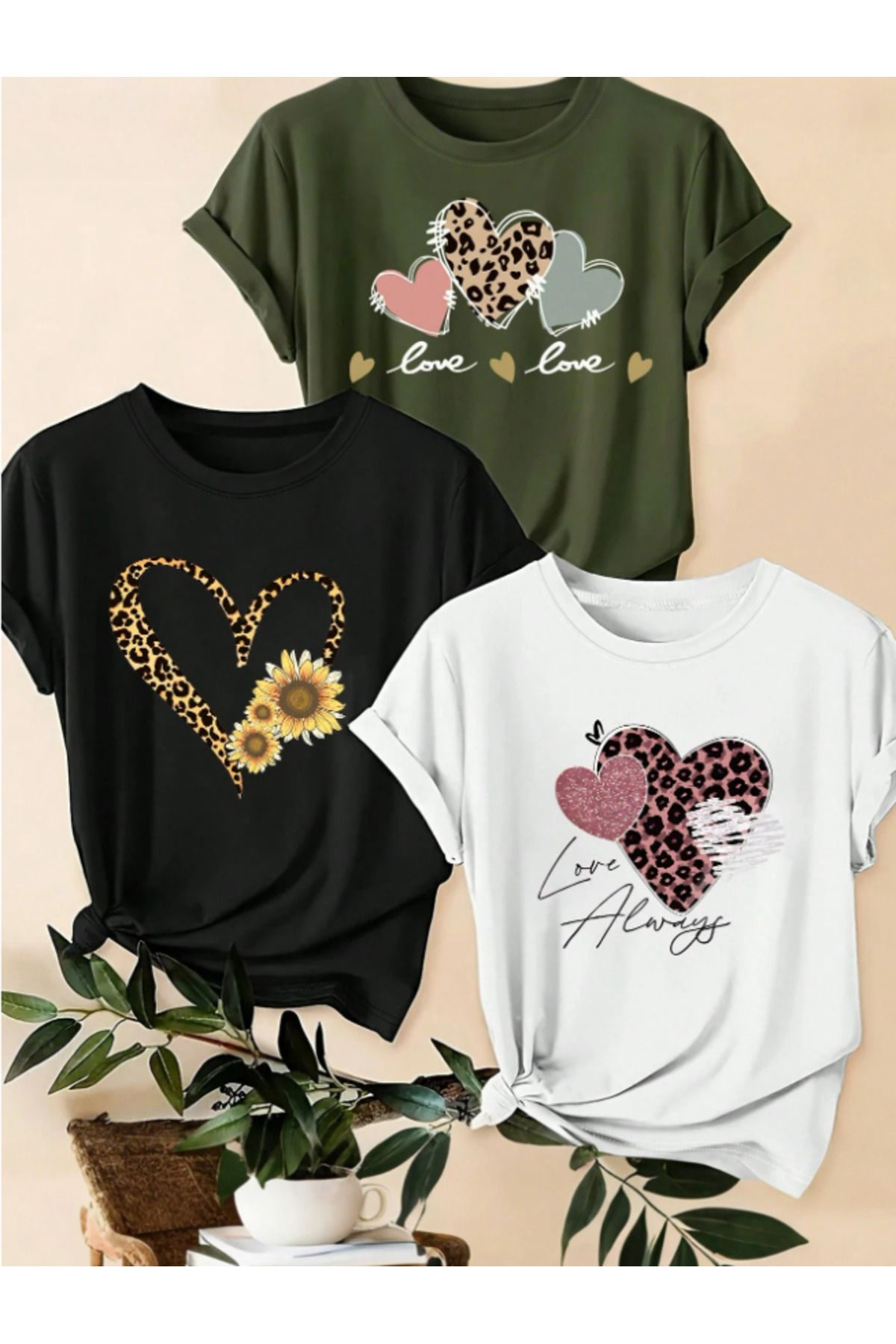 Trend Sizde Unisex 3'lü Set Kalp Ön Baskılı Tasarım Tshirt