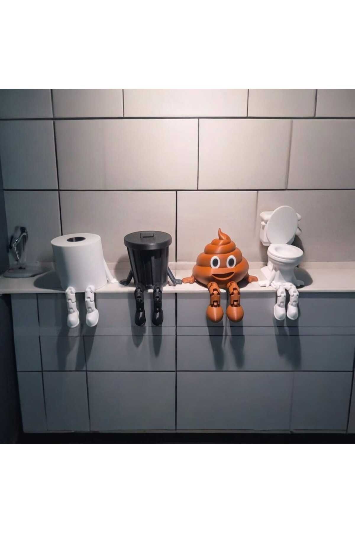 Dropcek eticaret Banyo Dekoratif Figür Seti, Tuvalet Kağıdı, Çöp Kovası, Kaka Emojisi ,Klozet Aksesuar (4'Lü)