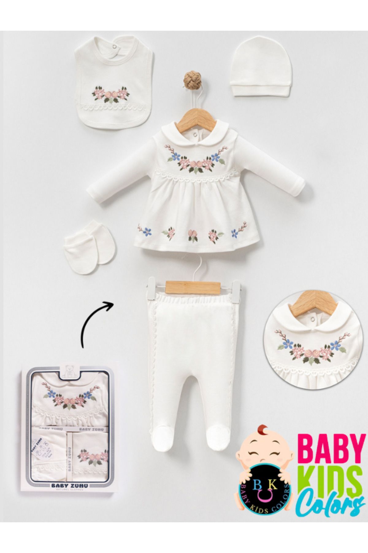 baby kids colors Kutulu- Bebek yaka Yenidoğan Kıyafetleri 5'lİ Hastane Çıkış Setleri Nakışlı Penye Zıbın Seti
