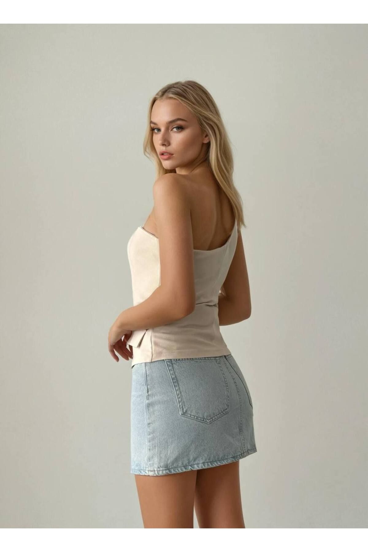 Castivo Fashion luna tek omuz düğmeli crop yelek