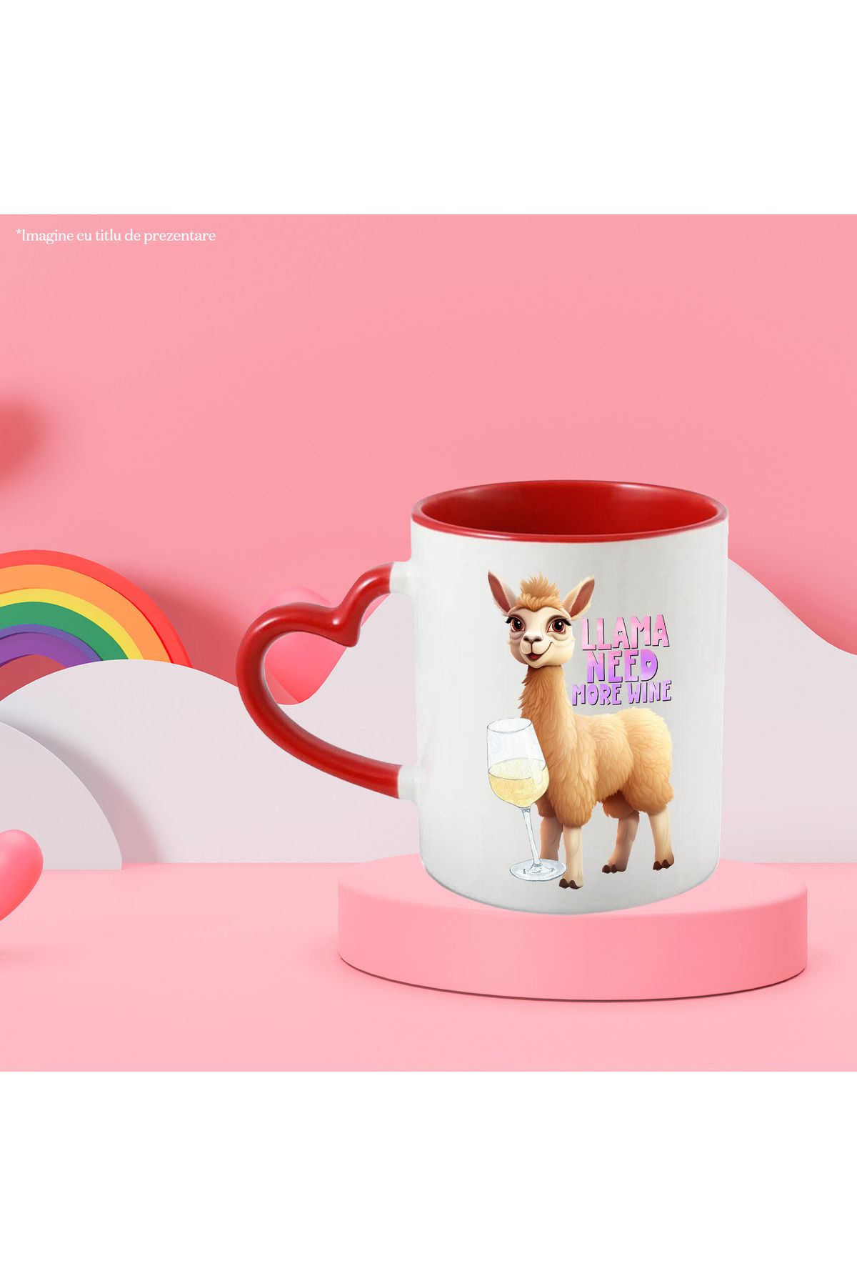 StoryGift Romania-Mug with llama and a glass of wine with the message "Llama need more wine", more v, With STG Heart Handle 2