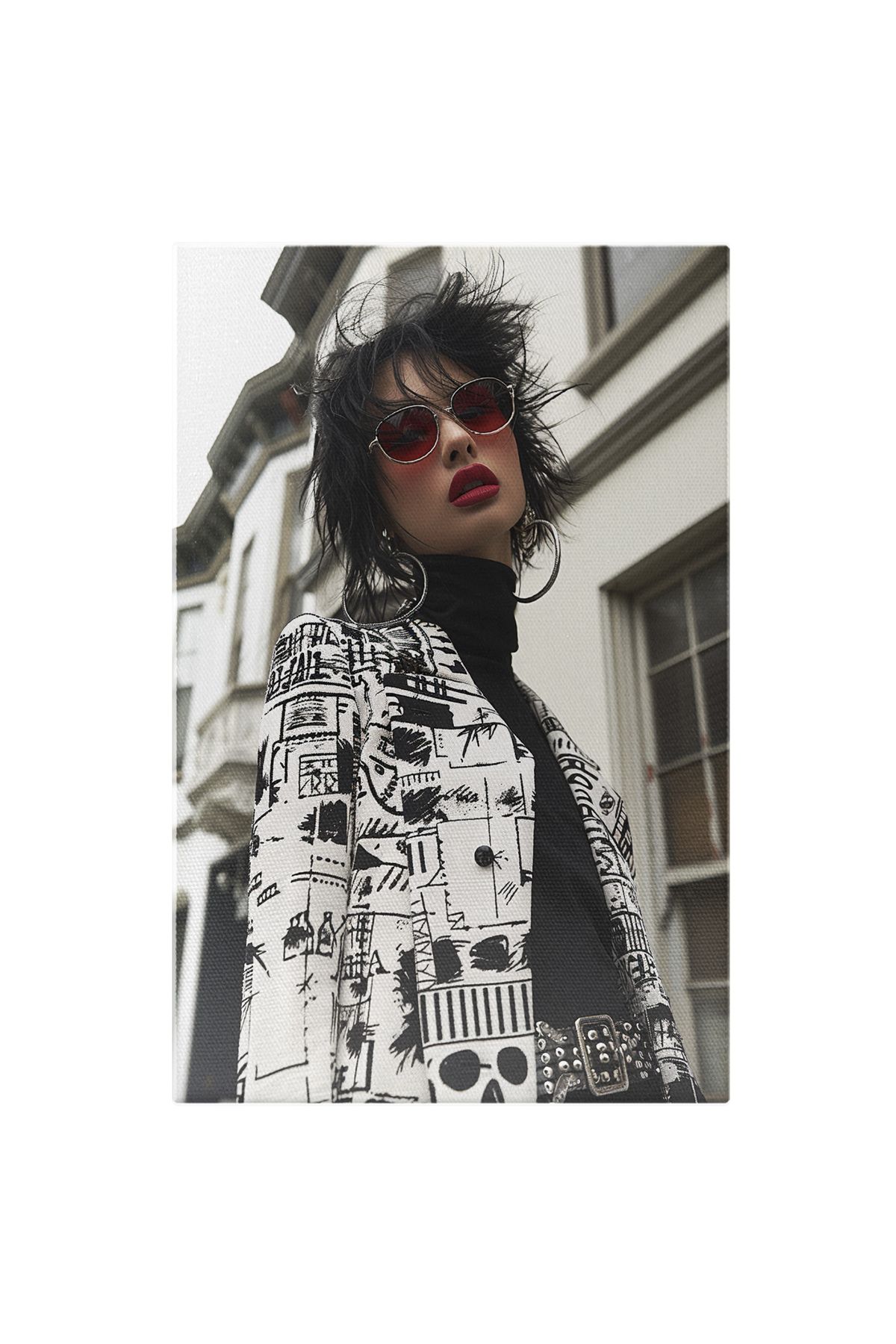 StoryGift Romania Tablou Canvas Europeana Cu Cercei Mari Și Ochelari Ținută Alb Negru Fashion Icon , Pictura Digi - 40 x 25