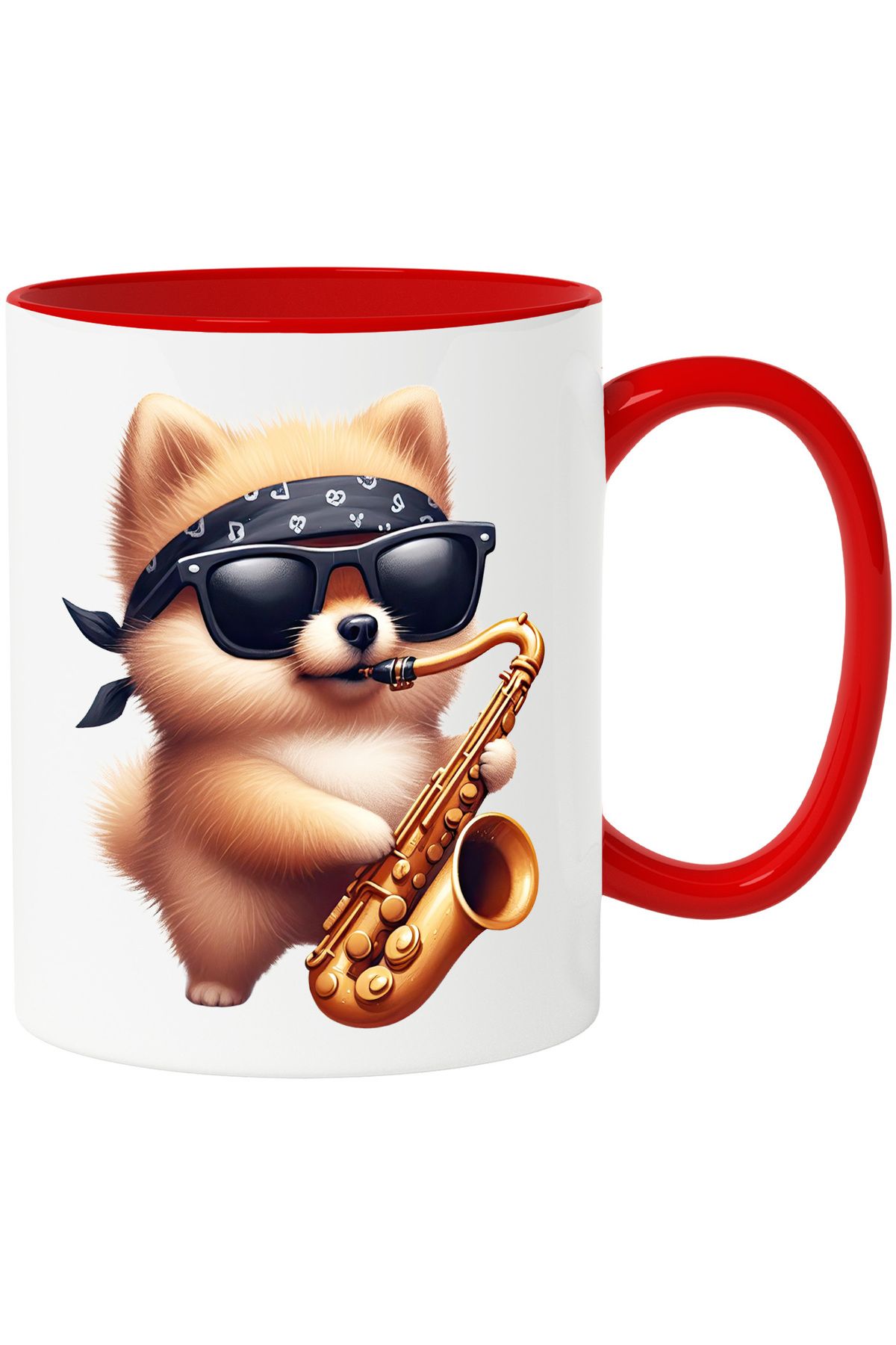 StoryGift Romania Cana Cu Un Catel Blanos Care Canta La Saxofon | Ilustratie | Ochelari | Instrume, Cu Maner Rosu Stg - One Size