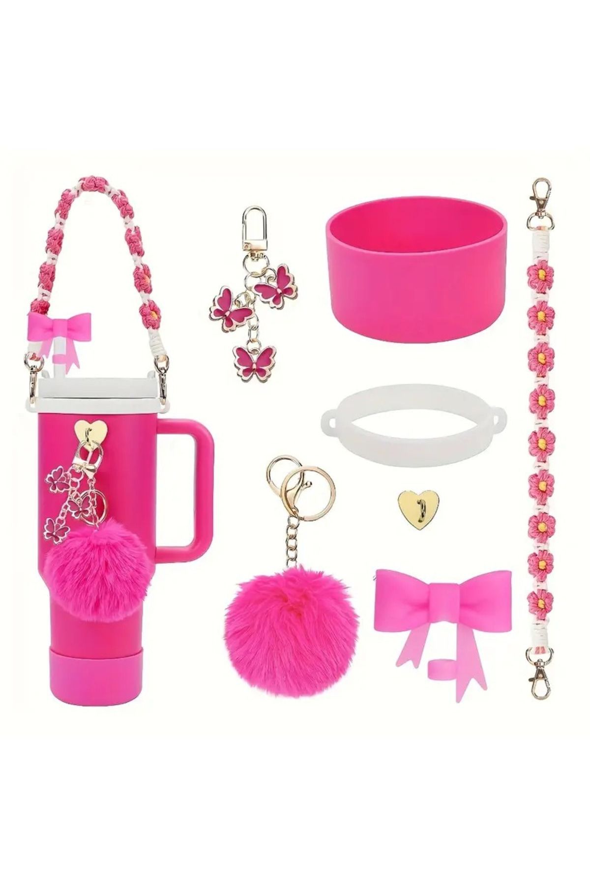Marcellini Design 7 Parça Pembe-Termos Charmı - 30oz/40oz Termos Uyumlu Aksesuar Seti -Pembe
