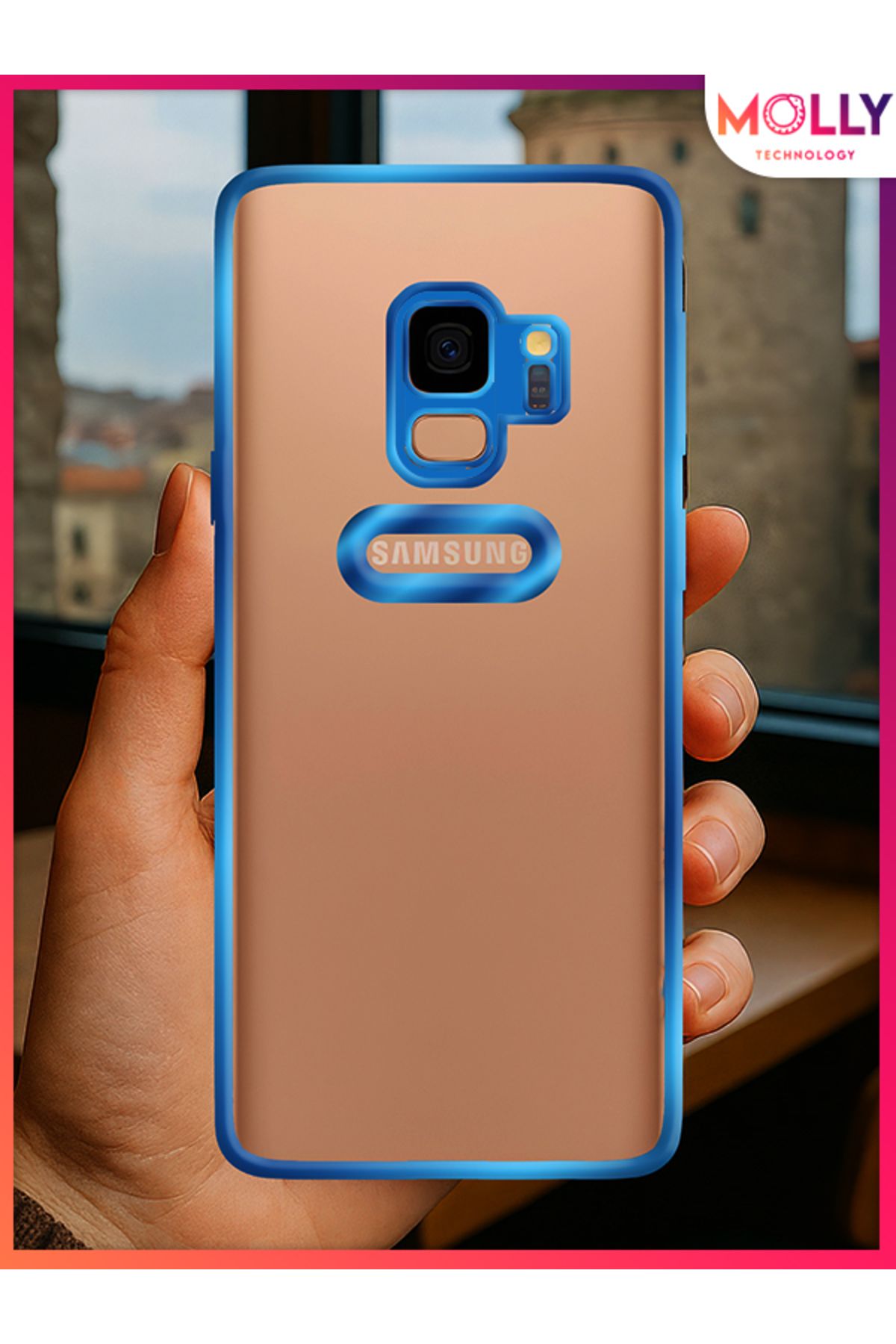 Molly Samsung Galaxy S9 İçin Kenarları Metalik Mavi Lens Koruyuculu Lou Lazer Şeffaf Silikon Kılıf