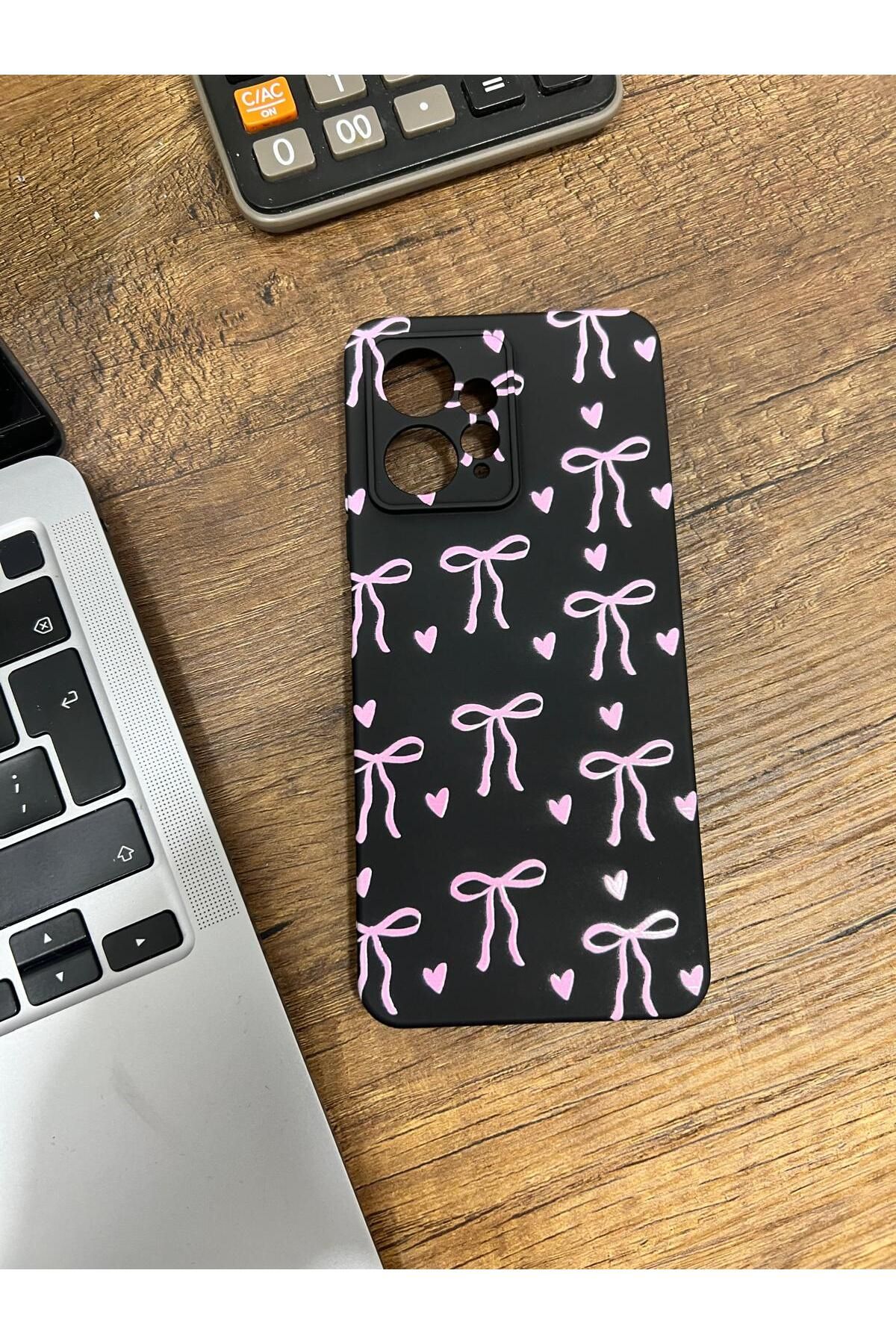 HZR Xiaomi Redmi Note 12 Pembe Kurdele Desenli Siyah Silikon Kılıf
