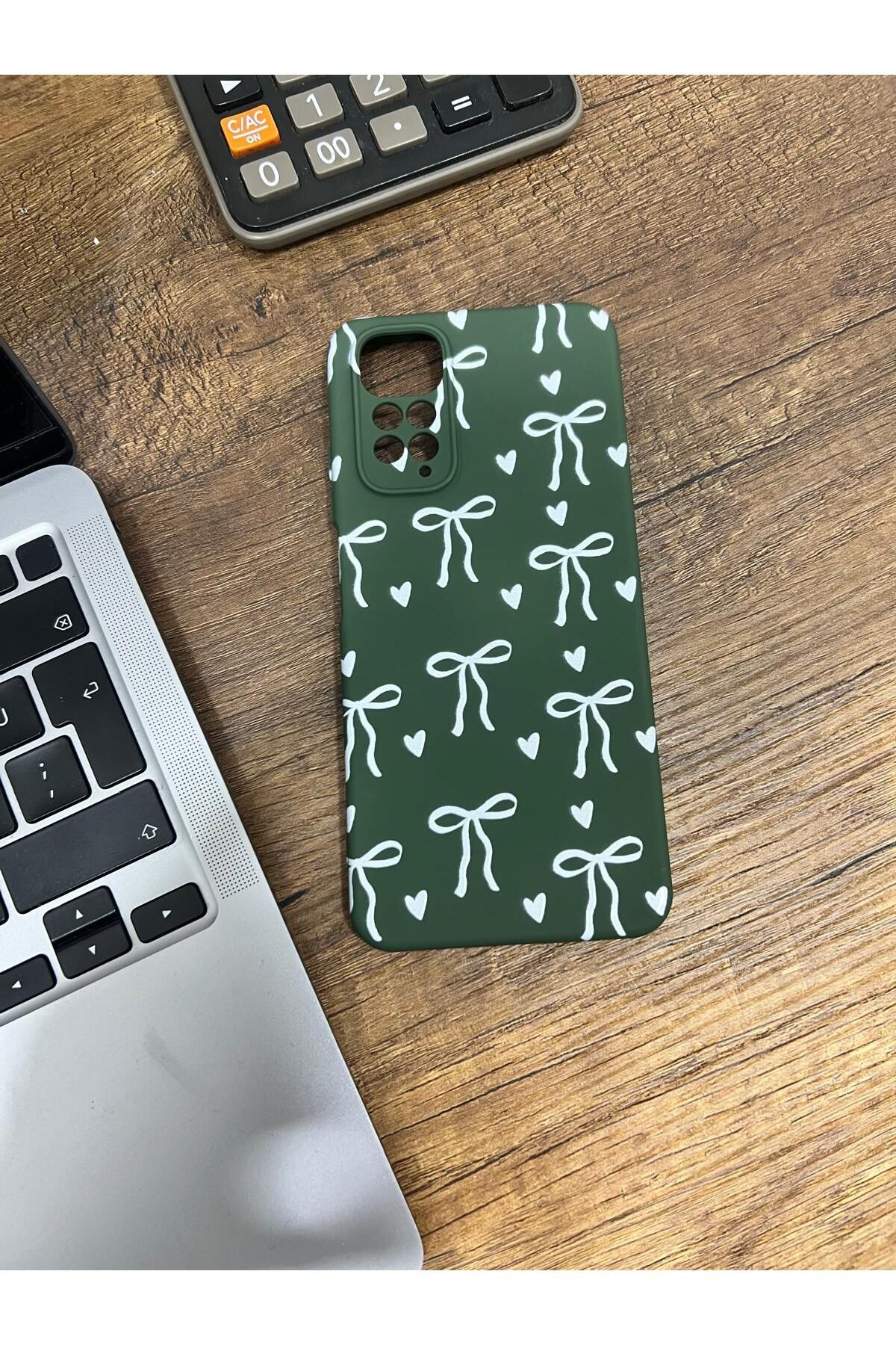 HZR Xiaomi Redmi Note 11 S Beyaz Kurdele Desenli Yeşil Silikon Kılıf