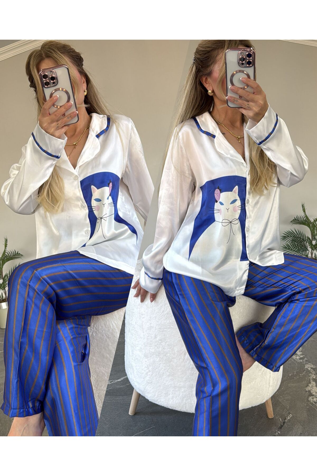Azra Saten Beyaz Mavili Karikatür Baskılı Kadın Pijama Takımı