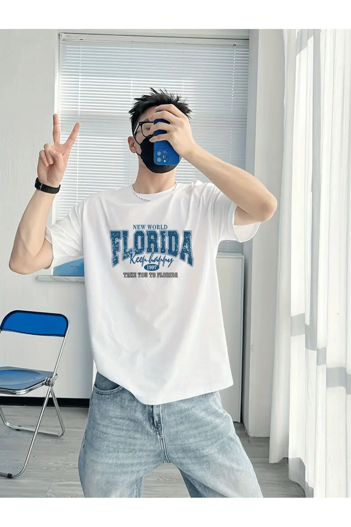 AEMİ Unisex New World Florida Baskılı Oversize Bisiklet Yaka T-shirt