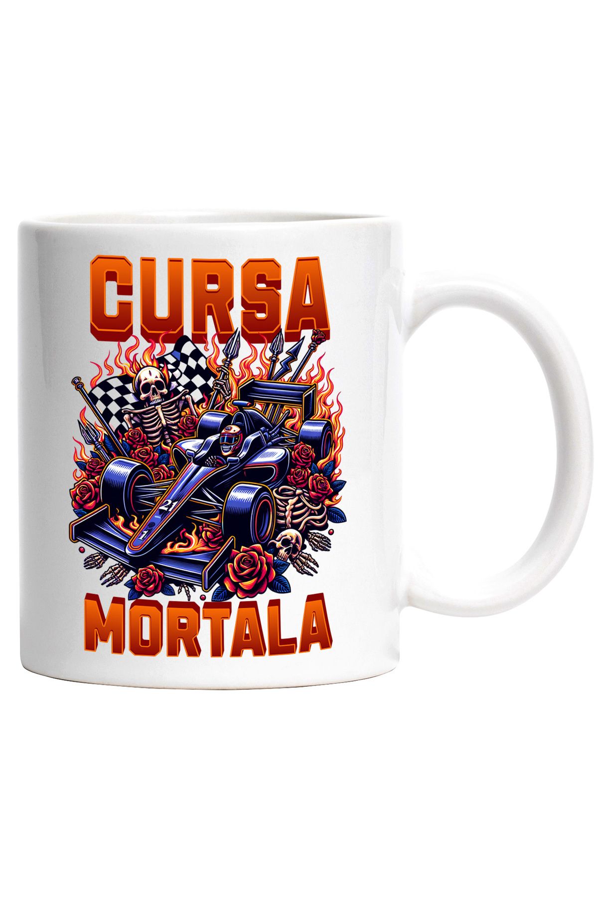 StoryGift Romania Cana Cursa Mortala Schelete Campion Formula 1 Viteza, 330ml, Ceramic Cu Maner Al, Cu Maner Alb Stg - One Size