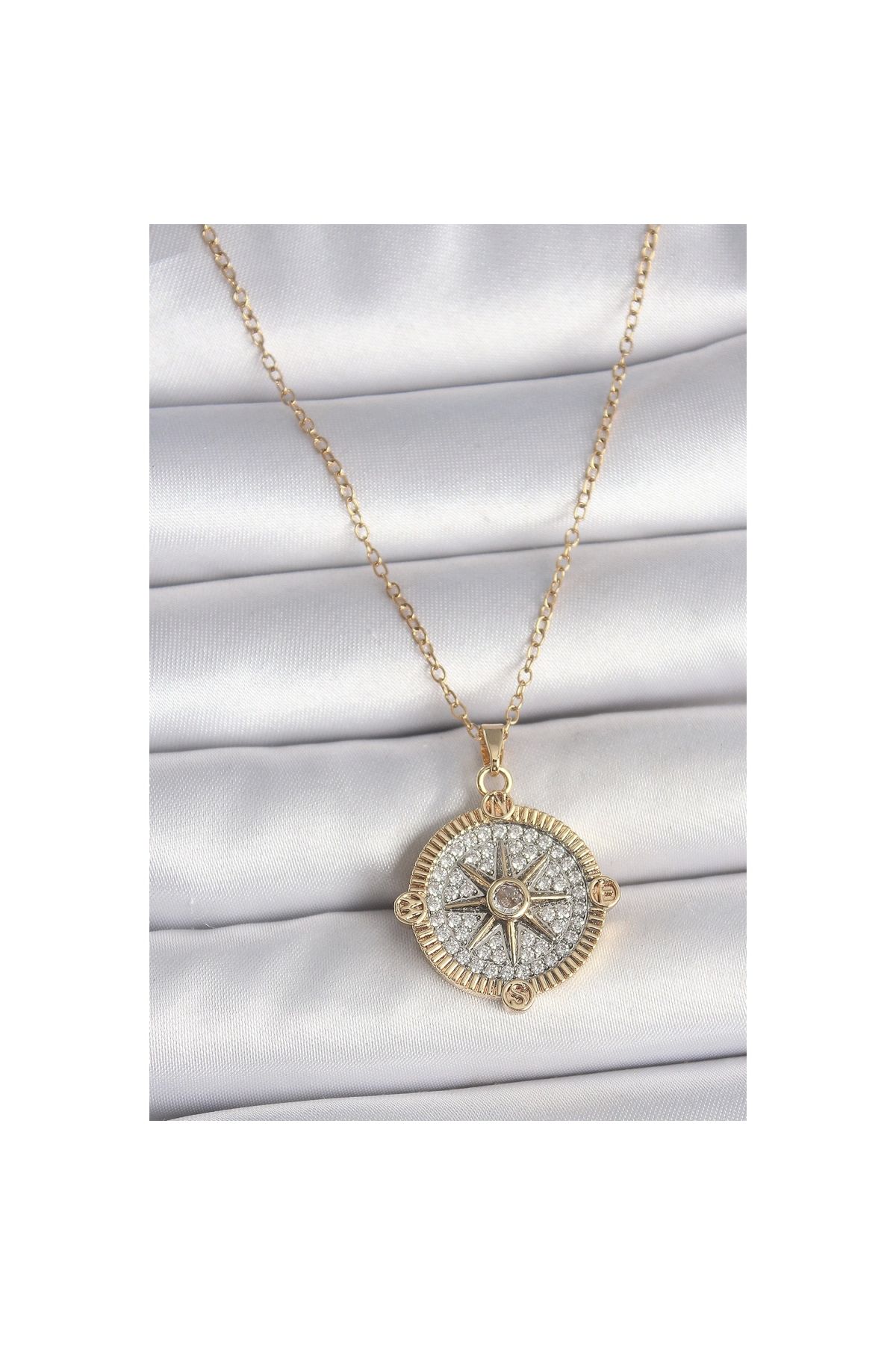 Marsilyan 316L Çelik Gold Renk Zirkon Taşlı Pusula Model Kadın Kolye - TJ-BKO10093