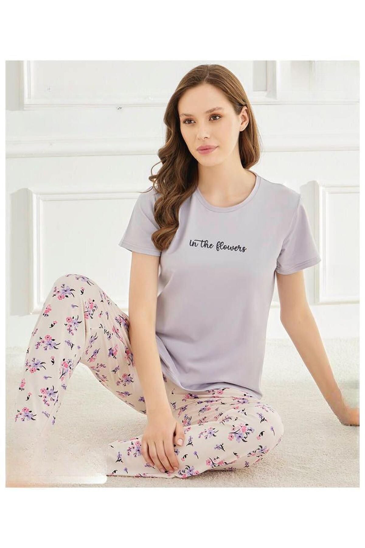 Mihra Kadın Bisiklet Yaka MİLAN Likralı Kısa Kol Pijama Takımı 50107Lila - 1 Adet