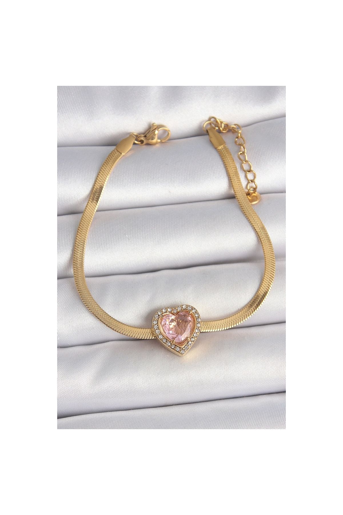 Marsilyan 316L Çelik Gold Renk İtalyan Zincir Pembe Zirkon Taşlı Kalp Model Kadın Bileklik - TJ-BB6952