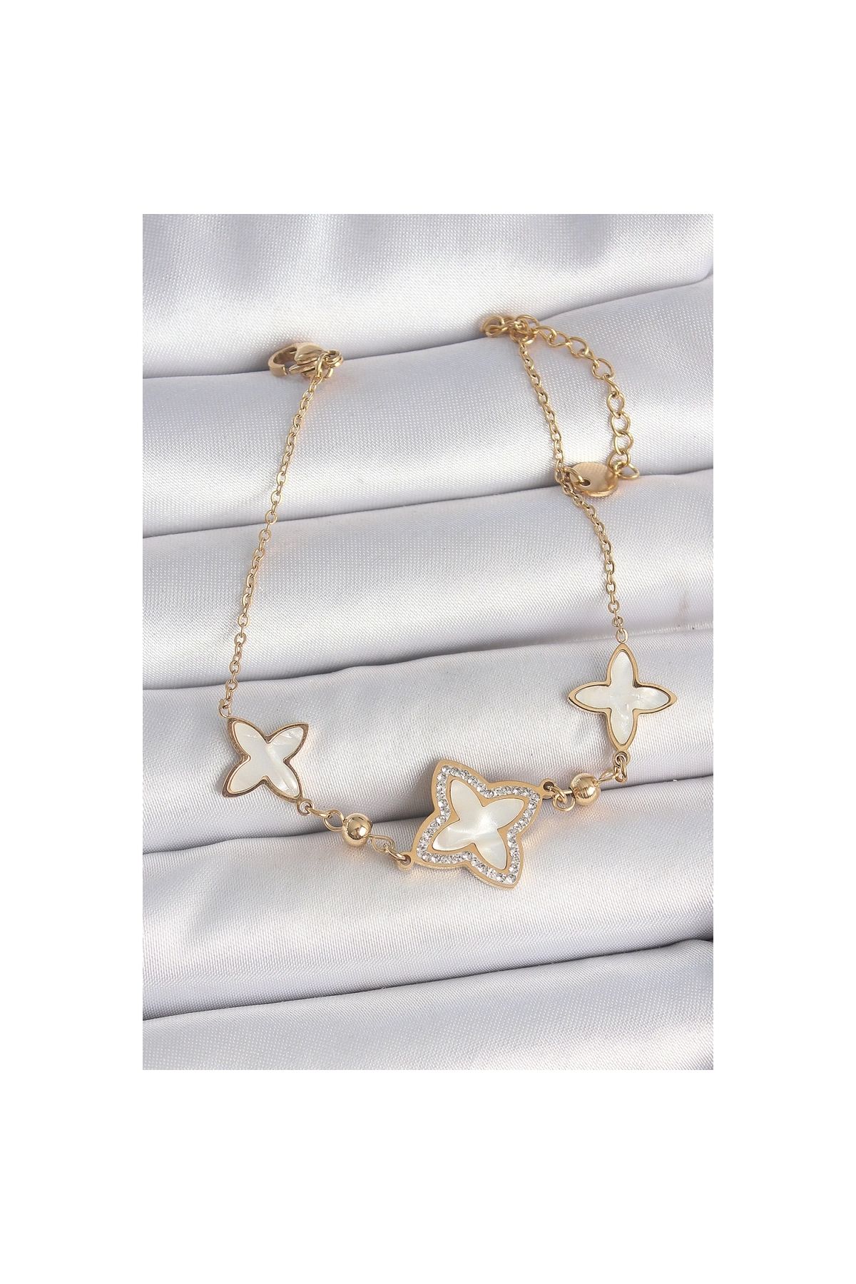 Marsilyan 316L Çelik Gold Renk Beyaz Mineli Çiçek Model Zirkon Taş Detay Kadın Bileklik - TJ-BB6950