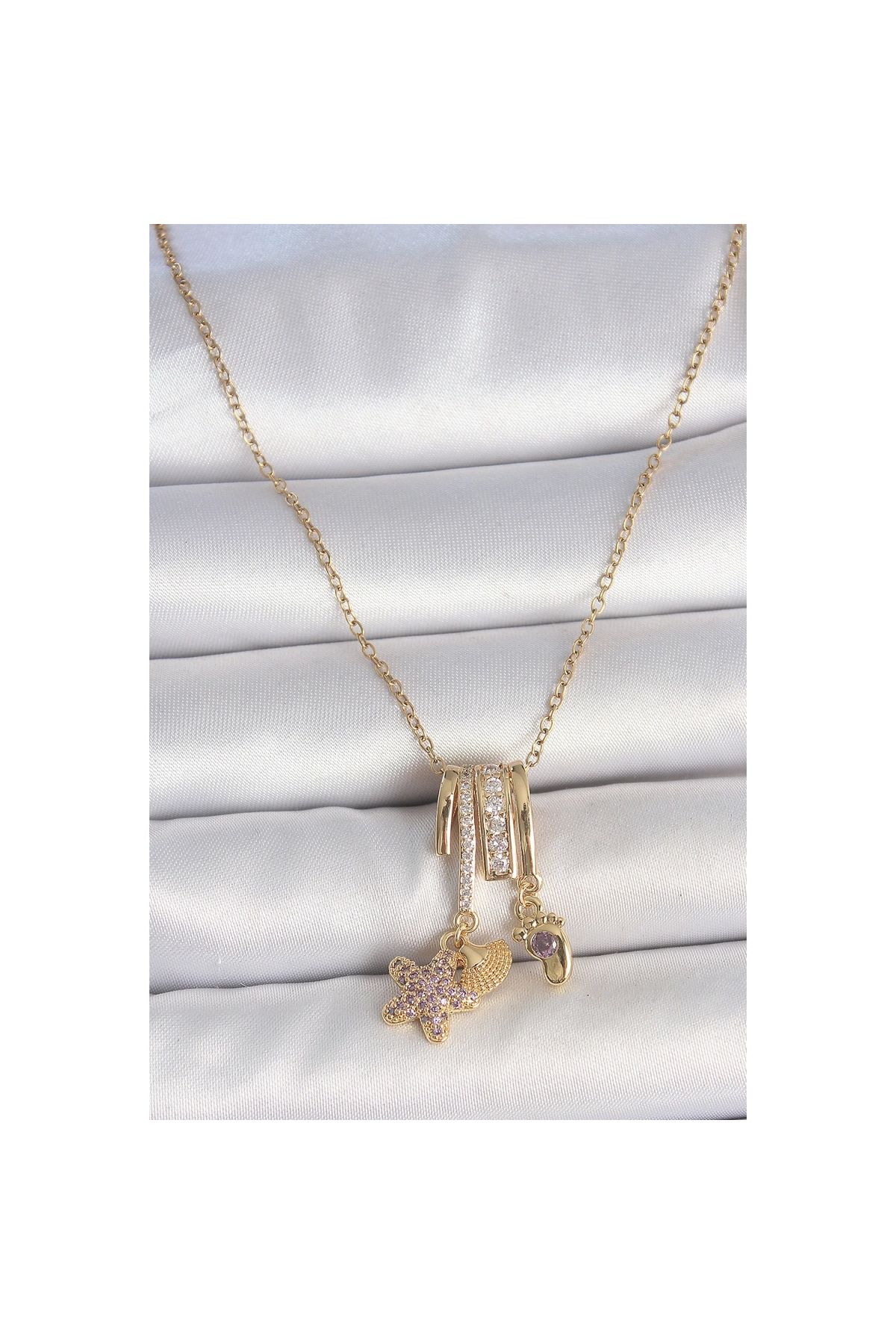 Marsilyan 316L Çelik Gold Renk Sallantı Zirkon Taşlı Mor Taşlı Ayıcık Figür Charm Kadın Kolye - TJ-BKO10098