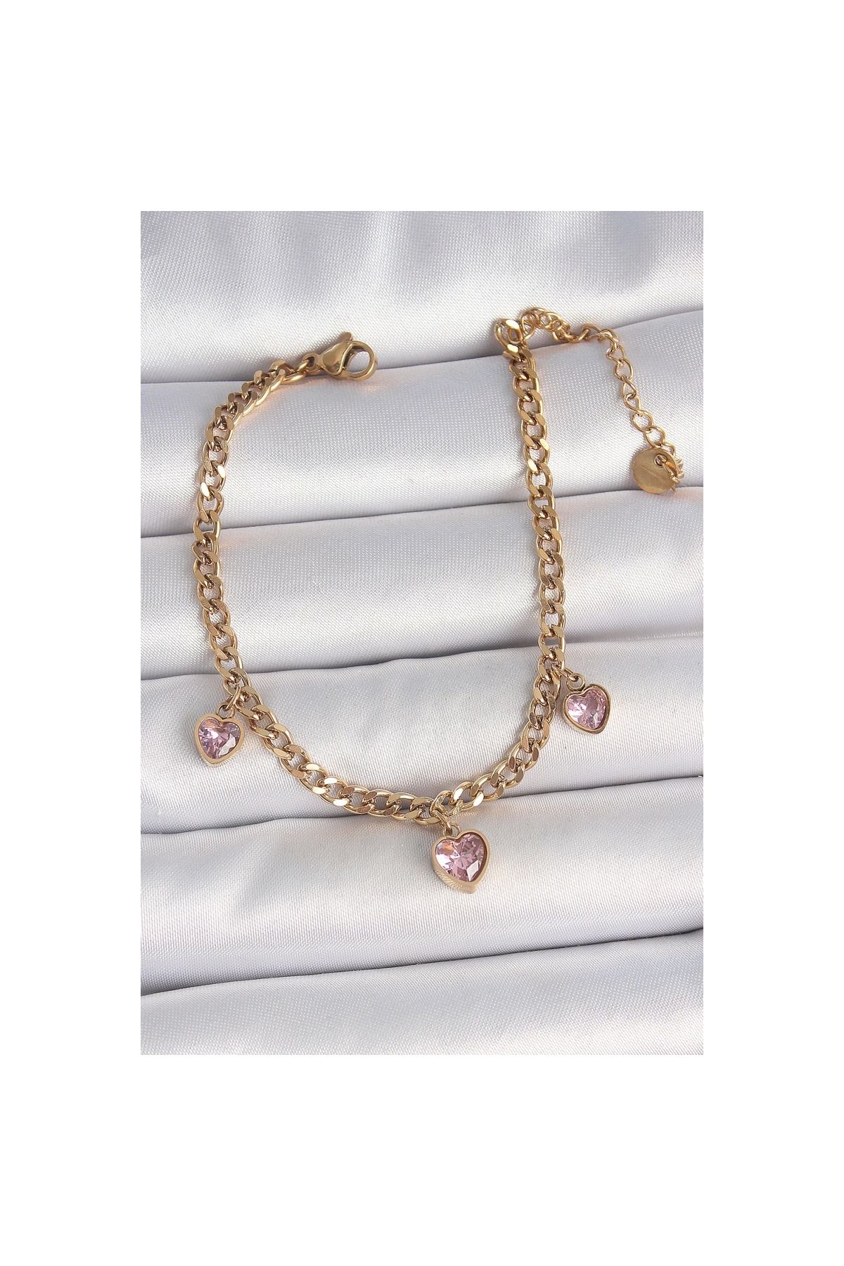 Marsilyan 316L Çelik Gold Renk Zincir Sallantı Pembe Zirkon Taşlı Kalp Model Kadın Bileklik - TJ-BB6947