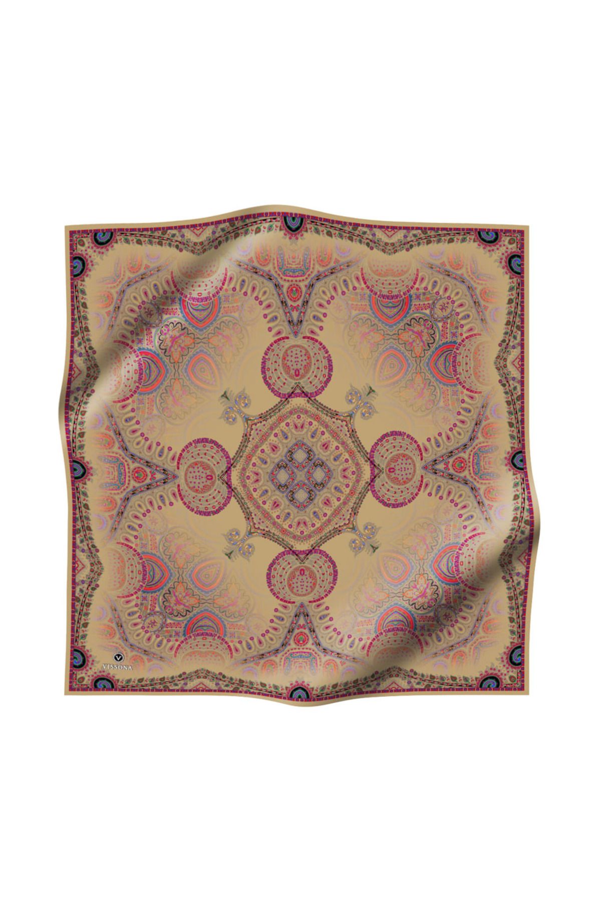 Vissona %100 Twill İpek Şal Desenli Bej Renkli 90x90 Eşarp Dikim Şekli : El Dikişi