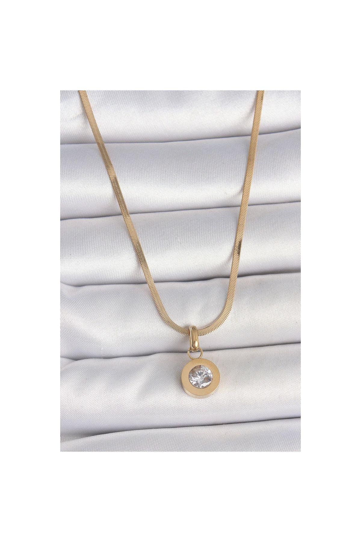 Marsilyan 316L Çelik Gold Renk İtalyan Zincir Sallantı Zirkon Taş Model Kadın Kolye - TJ-BKO10124