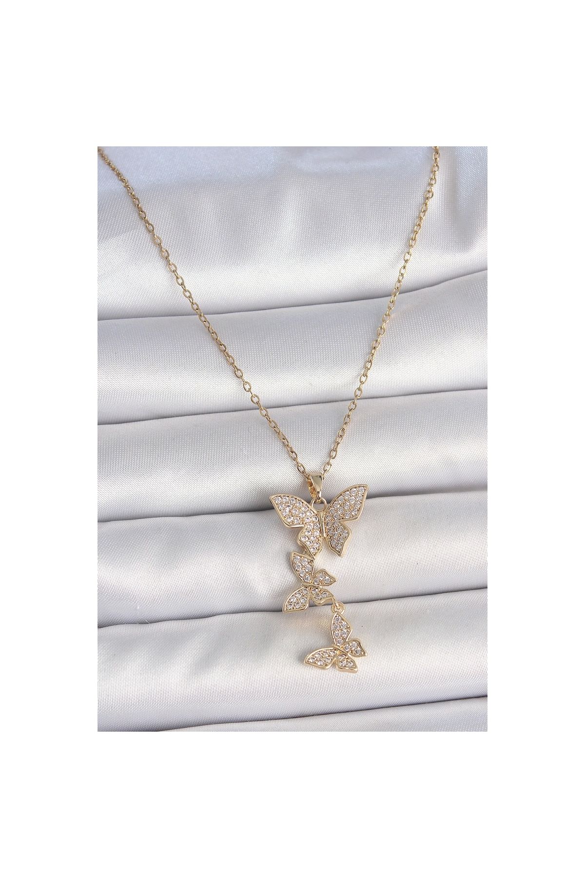 Marsilyan 316L Çelik Gold Renk Zirkon Taşlı Sallantı Kelebek Model Kadın Kolye - TJ-BKO10088