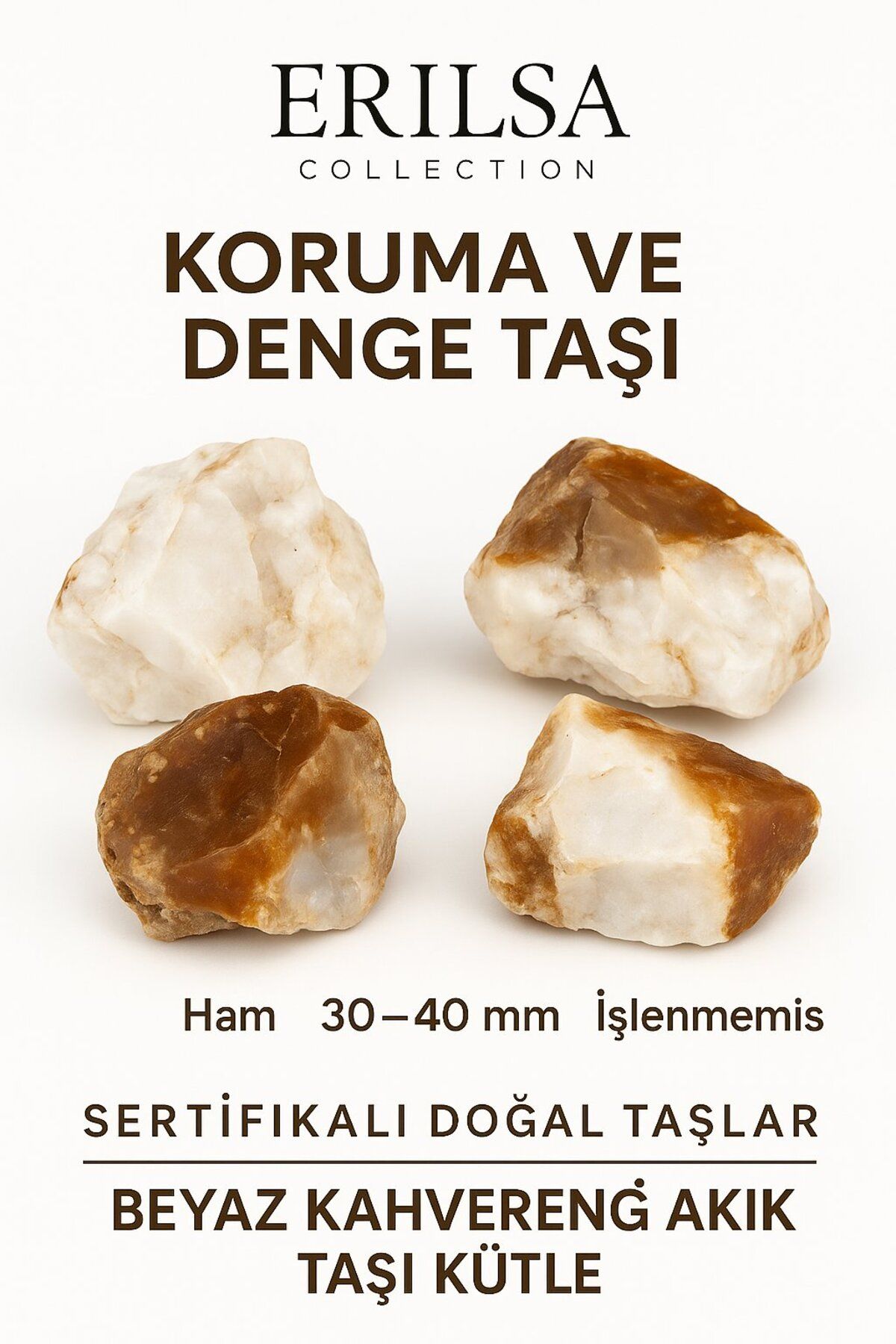 Erilsa Sertifikalı Ham İşlenmemiş Beyaz - Kahverengi Akik Taşı Kütle – El Taşı | Topraklayıcı Denge ve Doğ