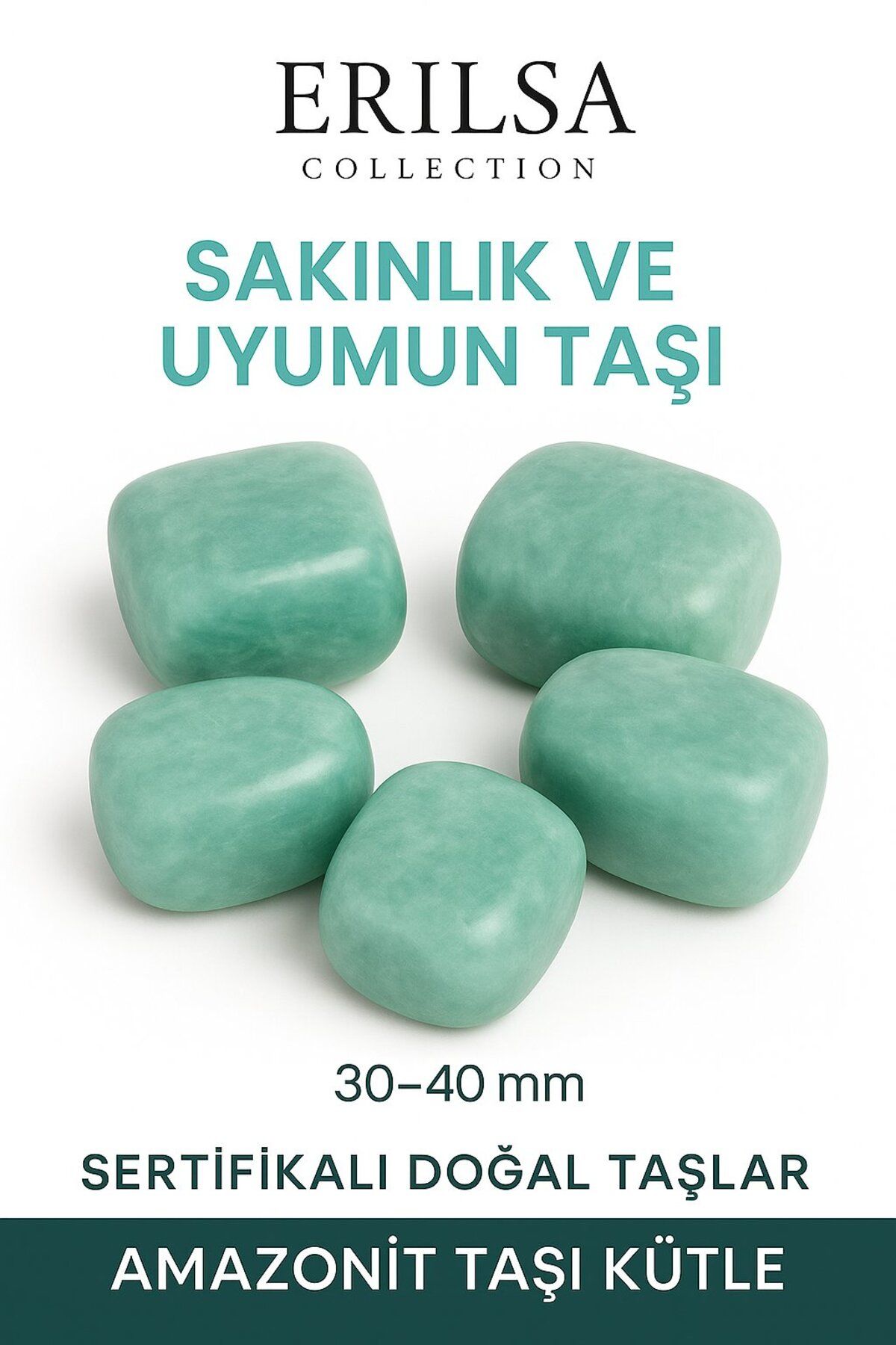Erilsa Sertifikalı Tamburlanmış Amazonit Taşı Kütle – El Taşı İç Huzur ve Duygusal Denge Taşı