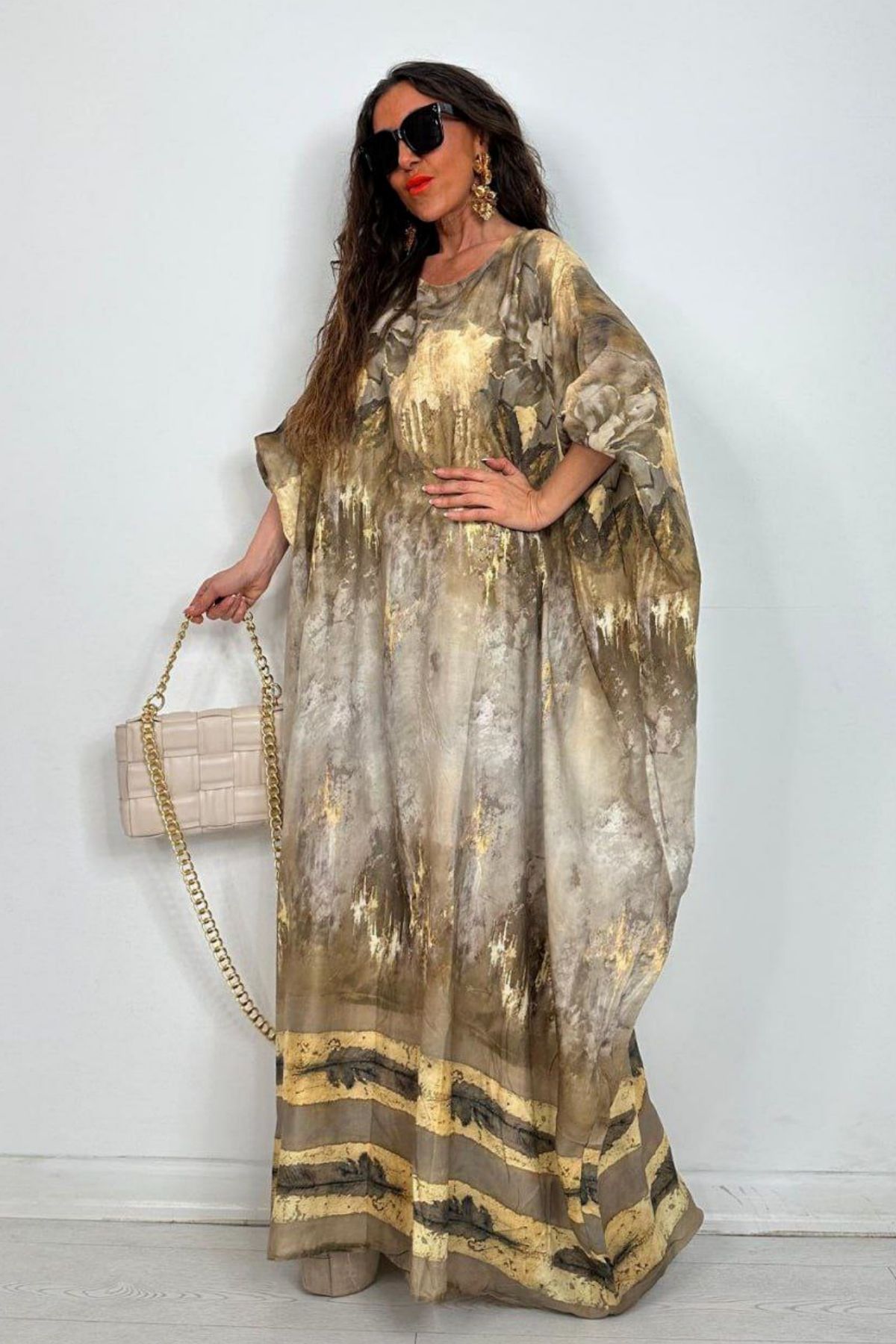 WOMAN VISION Esnek Kumaş Desenli Yarasa Kol Salaş Oversize Kesim Otantik Yazlık Elbise 4006