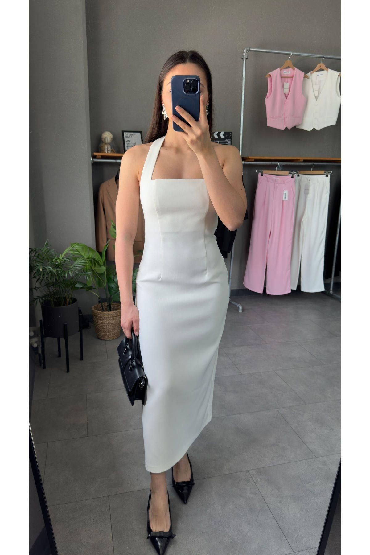 Glysso Halter Yaka Yırtmaçlı Midi Elbise Beyaz