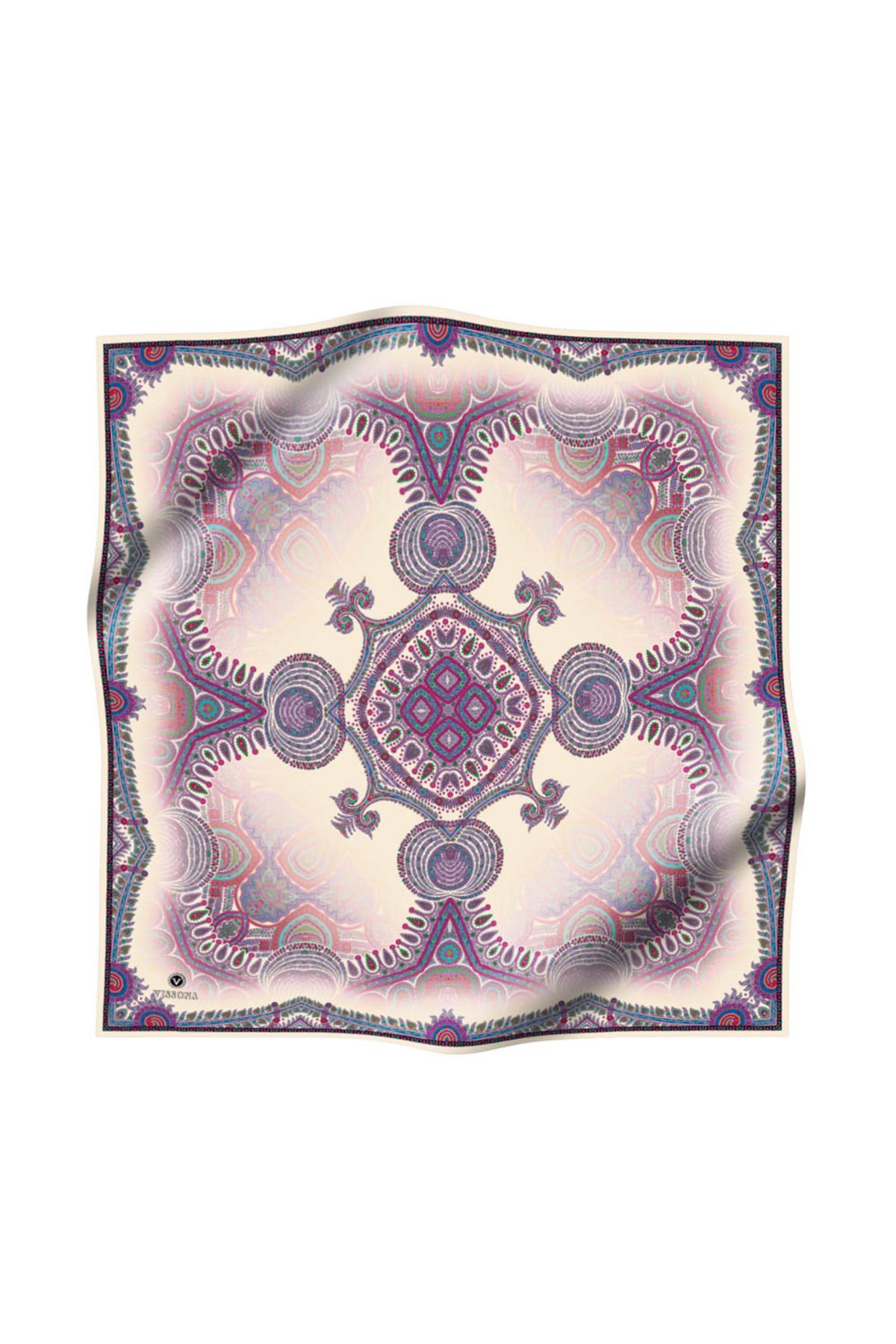 Vissona %100 Twill İpek Şal Desenli Krem Renkli 90x90 Eşarp Dikim Şekli : El Dikişi