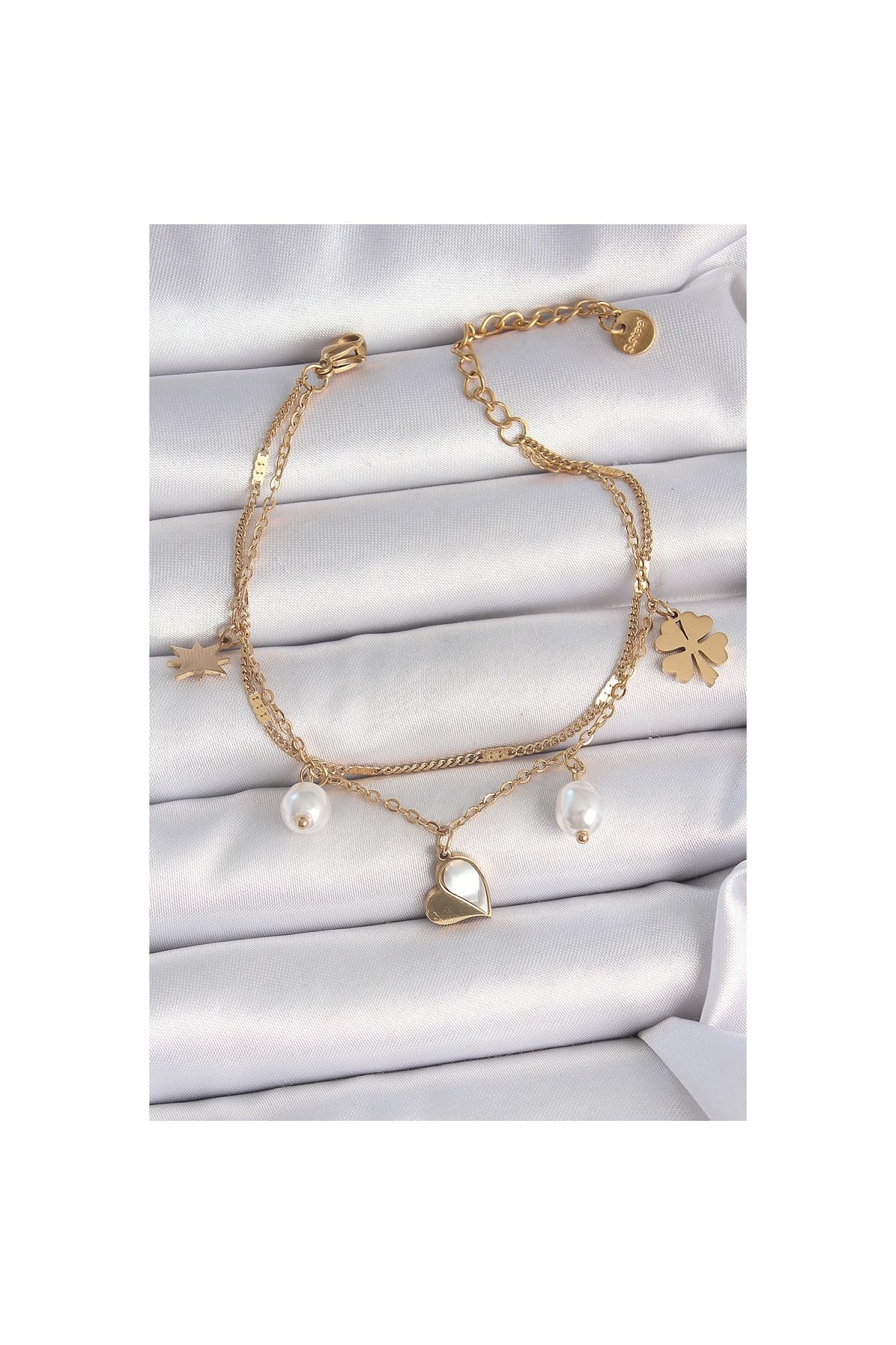 Marsilyan 316L Çelik Gold Renk 2'li Zincir Model Sallantı Kalp Figür Yonca Detay Kadın Bileklik - TJ-BB6945
