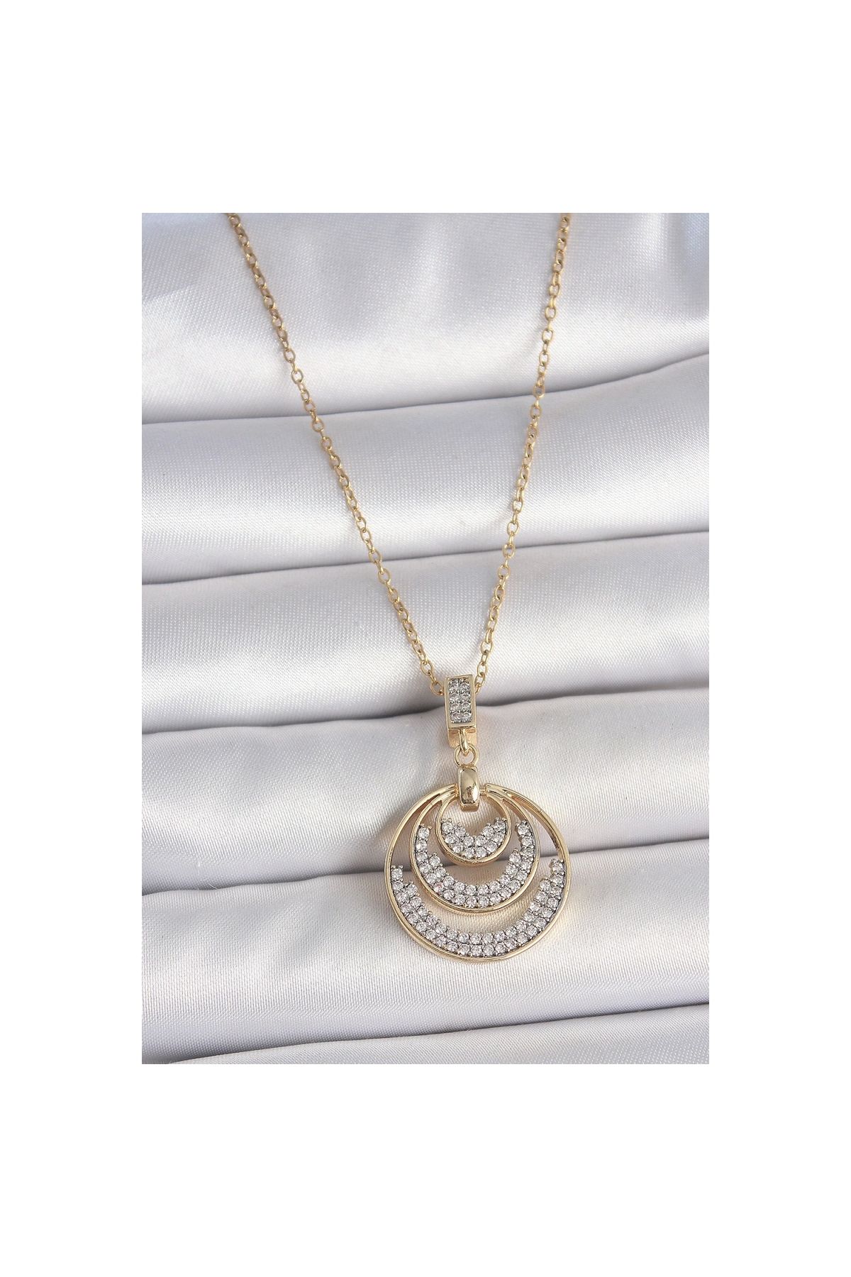 Marsilyan 316L Çelik Gold Renk Zirkon Taşlı Madalyon Model Kadın Kolye - TJ-BKO10089