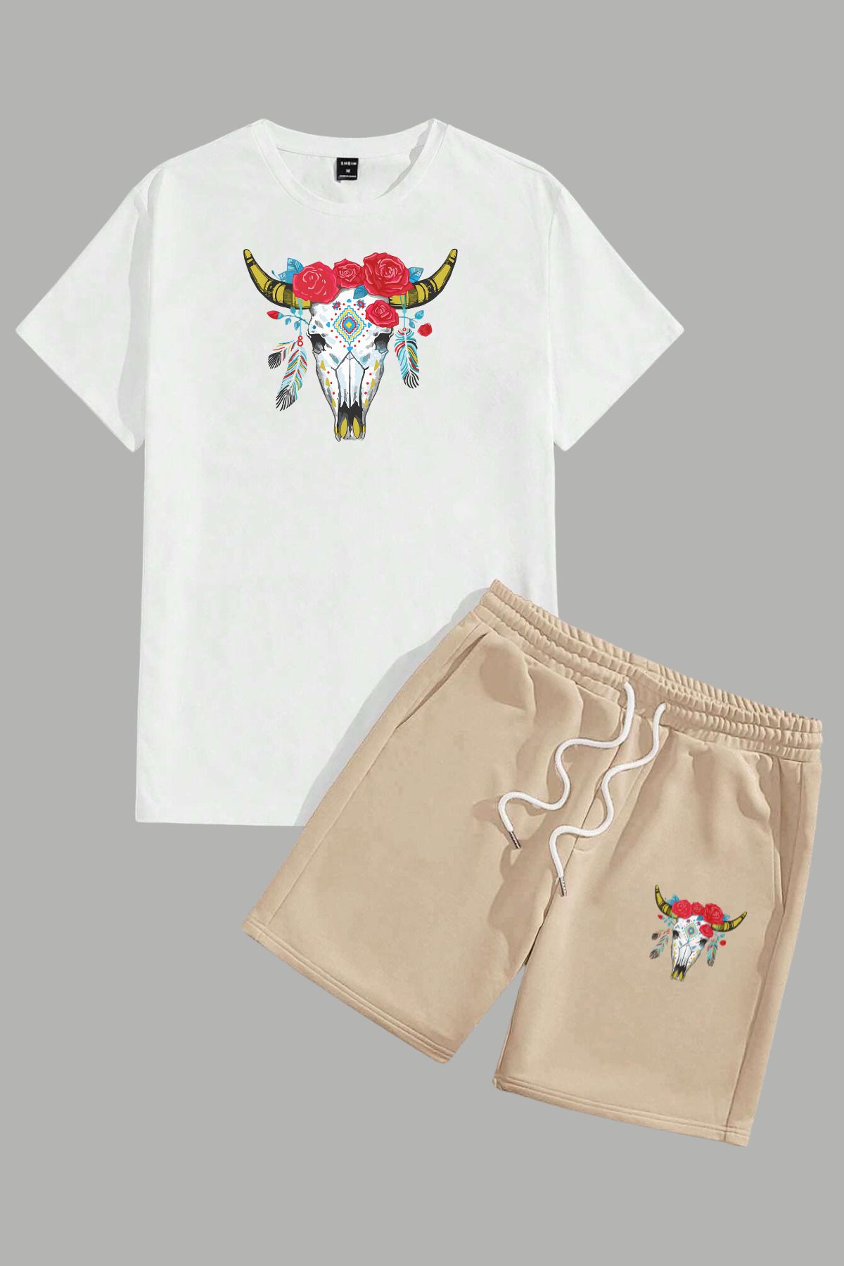MELADYAN Renkli İnek Kafası Baskılı Beyaz T-shirt Bej Şort Alt Üst Takım