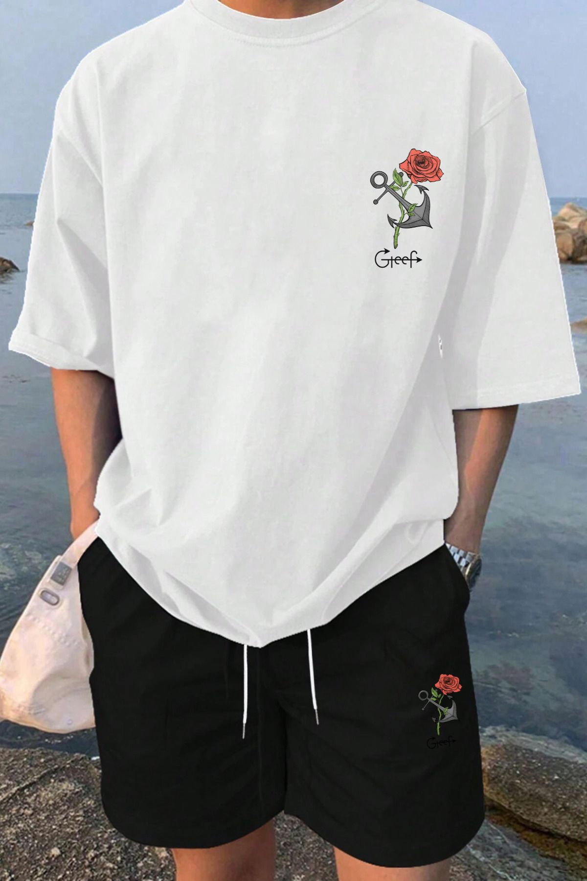 MELADYAN Gül Çapa Baskılı Beyaz T-shirt Siyah Şort Alt Üst Takım