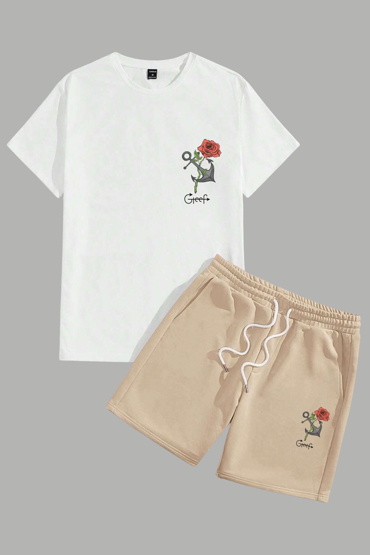 MELADYAN Gül Çapa Baskılı Beyaz T-shirt Bej Şort Alt Üst Takım