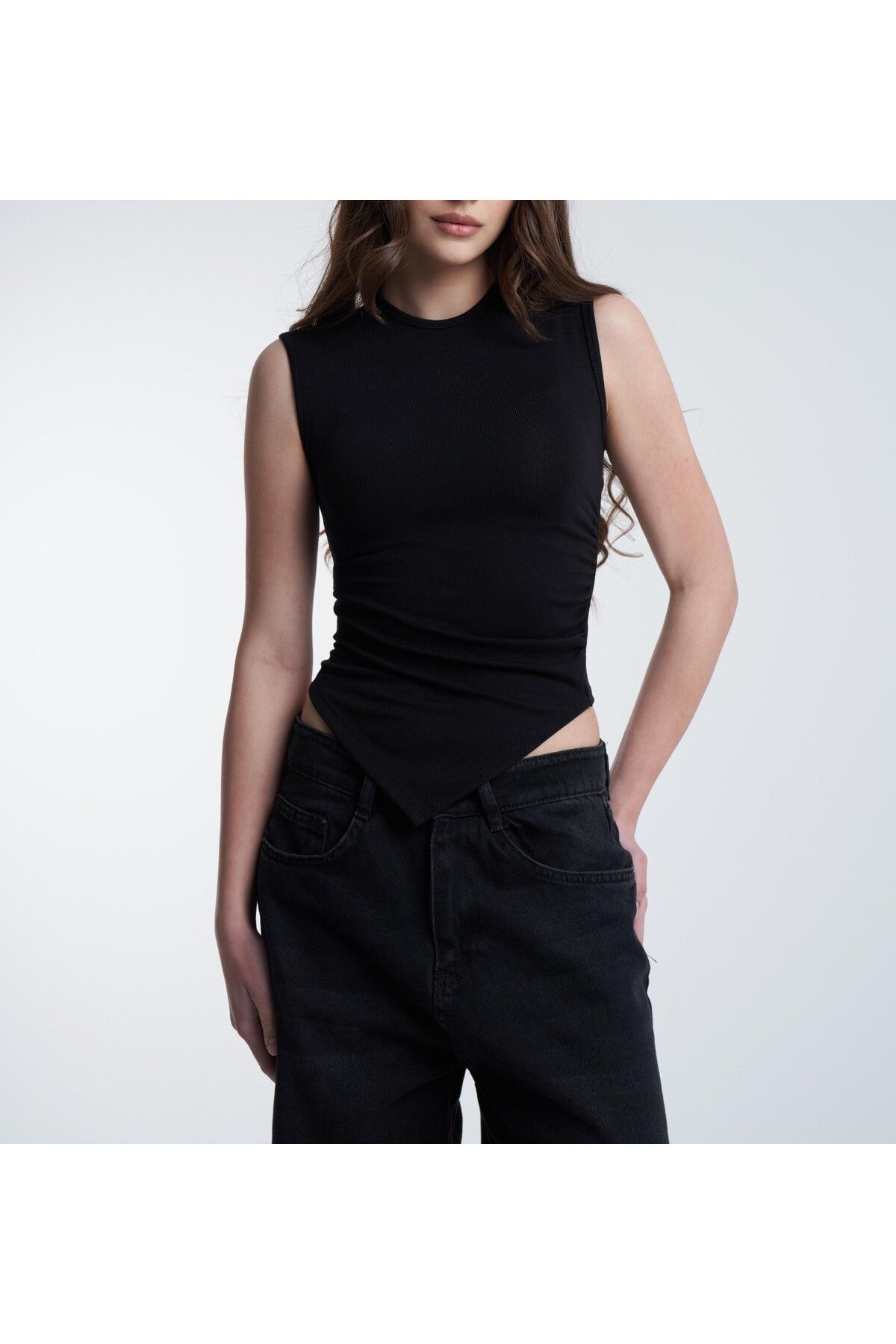 G&G WARDROBE Yanlar Büzgülü Asimetrik Kesim Bluz Siyah