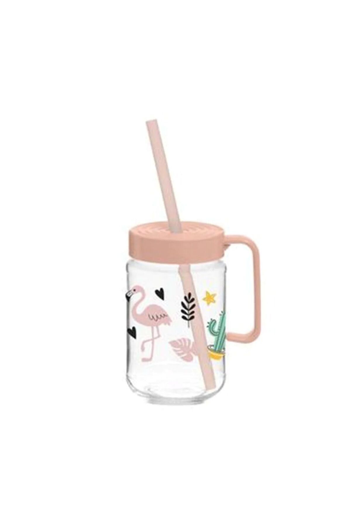 Herevin 370 Cc Flamingo Desenli Pipetli Kulplu Cam Bardak / BPA Free