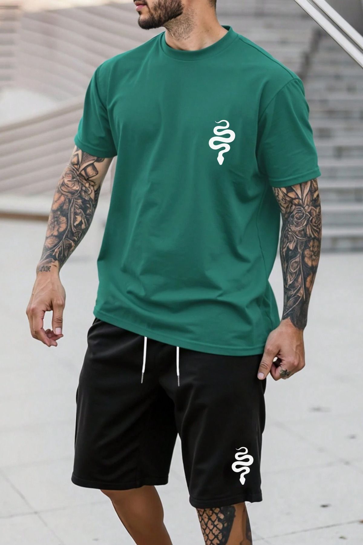 MELADYAN Yılan Baskılı Yeşil T-shirt Siyah Şort Alt Üst Takım
