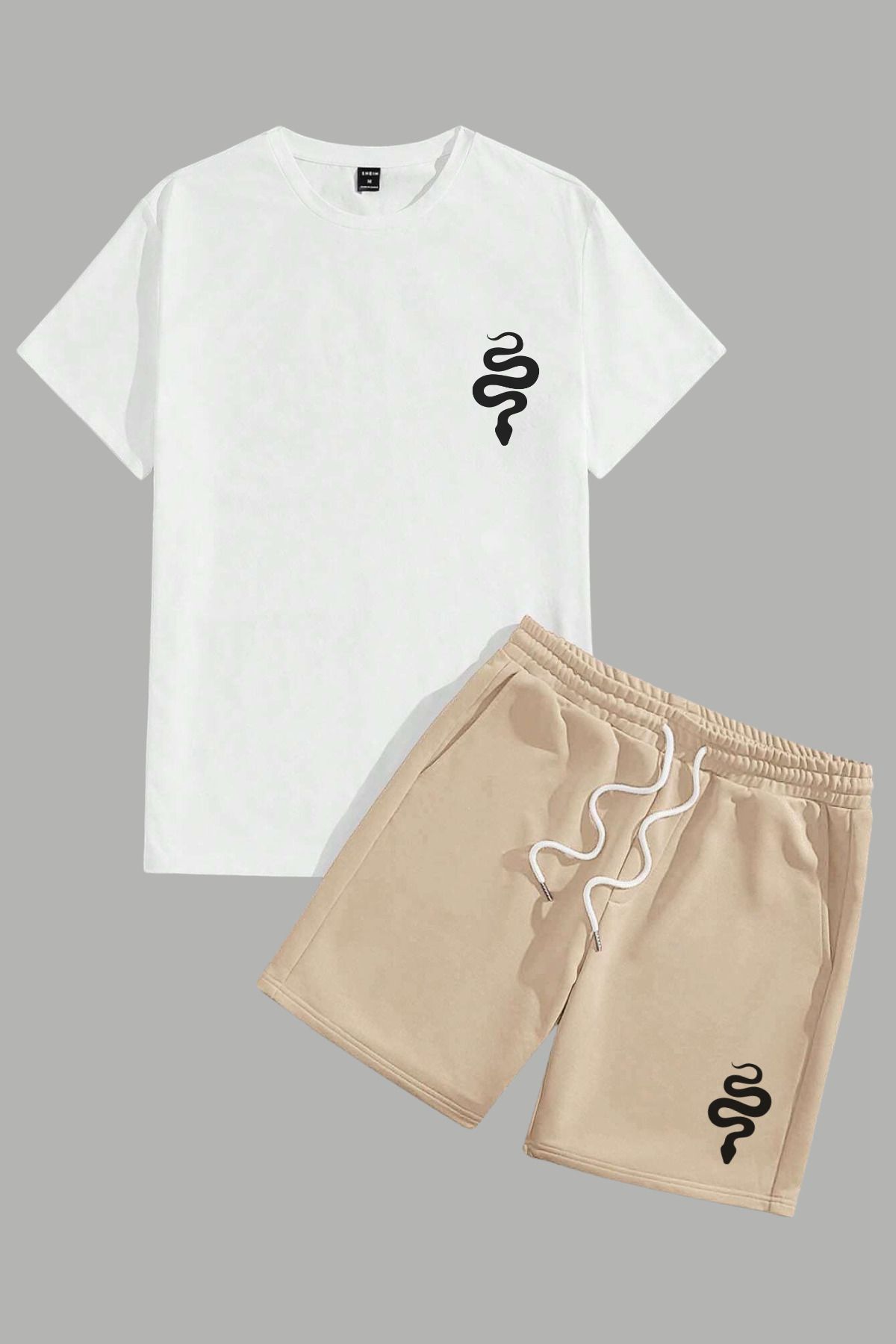 MELADYAN Yılan Baskılı Beyaz T-shirt Bej Şort Alt Üst Takım