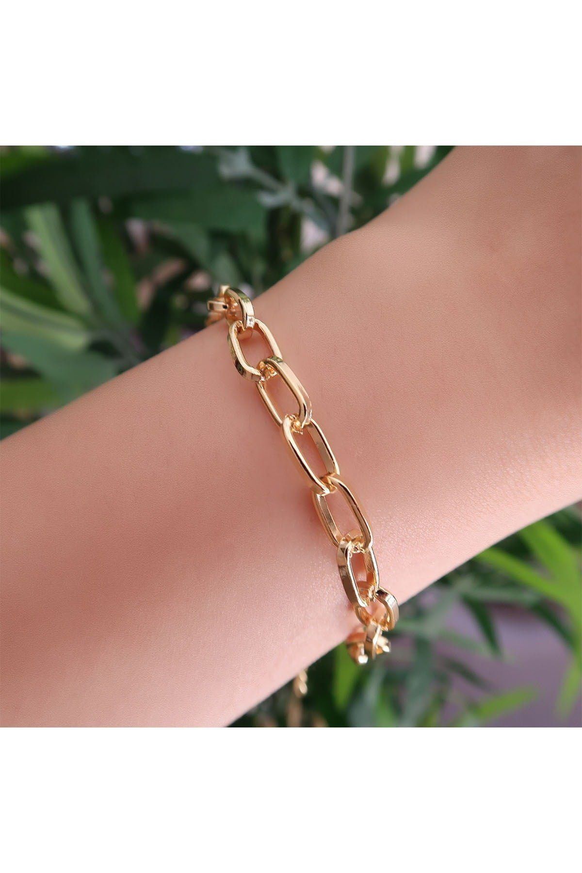 Rose Jelwery Unisex Gold Kaplama Zarif oval dikdörtgen Zincir Bileklik 17 Cm Altın Kaplama
