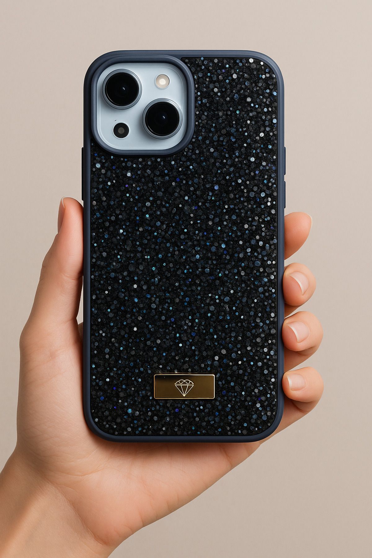 Fibaks Apple iPhone 13 - 14 - 15 Kılıf Elmas Tasarımlı Lacivert Taşlı Işıltılı Pırlanta Silikon Kapak