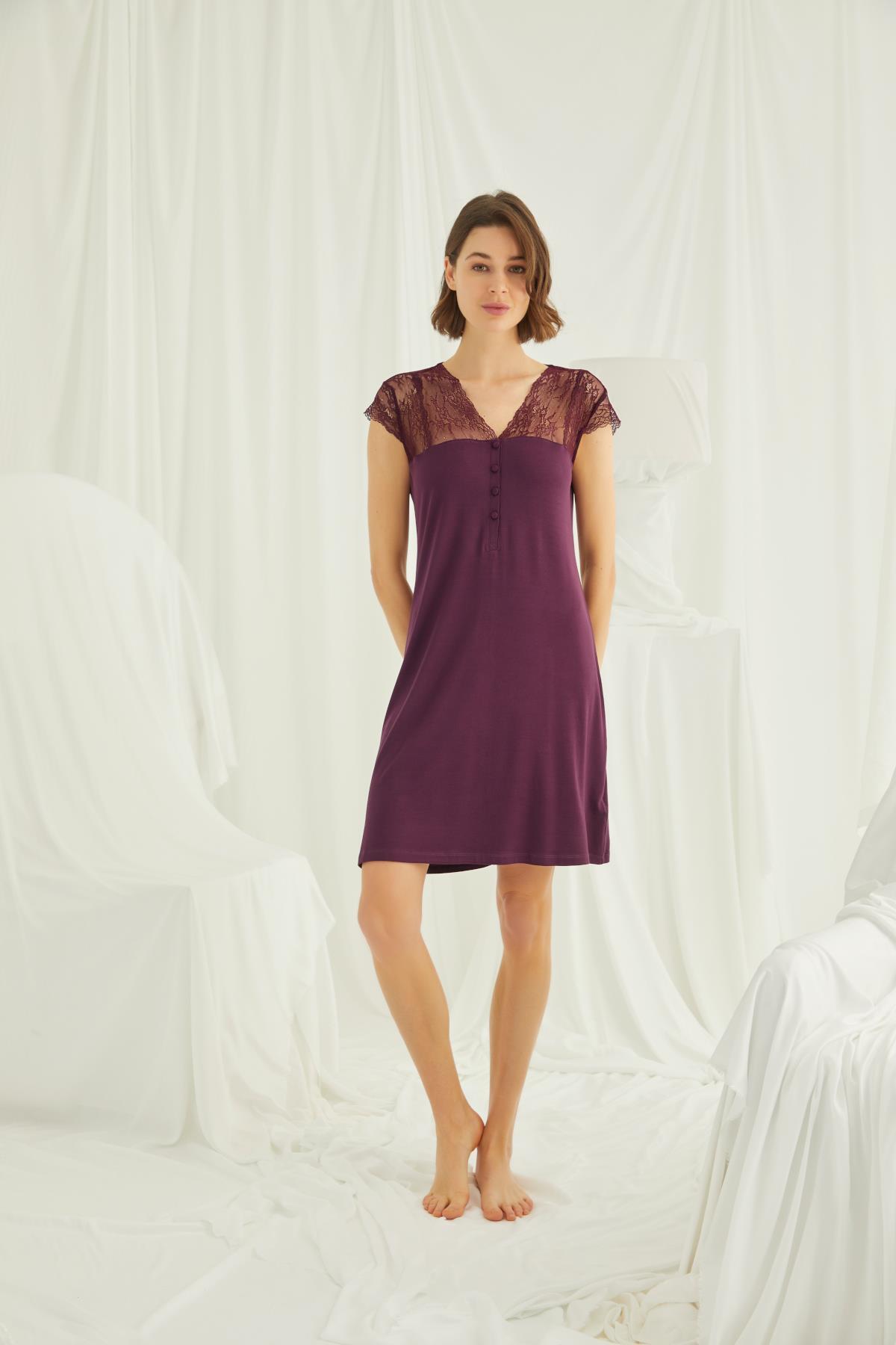 MONAMİSE Yakası ve Omzu Dantelli Önü Düğmeli Gecelik