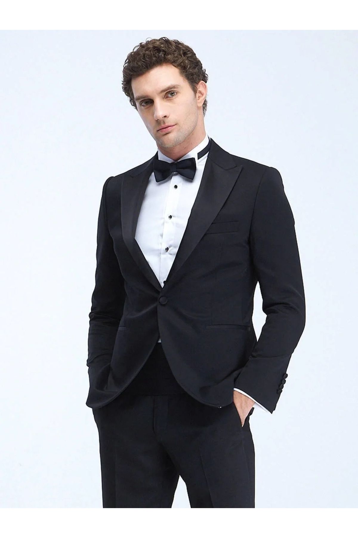 اسموکینگ مشکی مردانه سیاه Flash Slim Fit Cruve Collar Weaving Tuxedo Kip