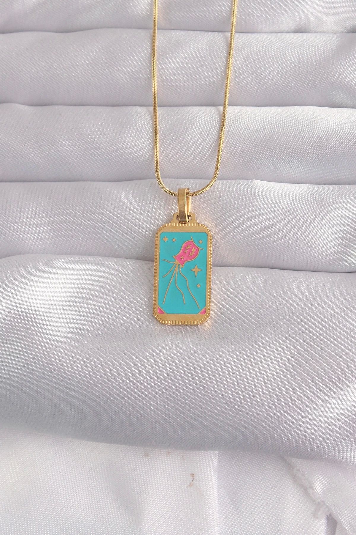 luz&pos 316L Çelik Gold Renk Mavi Mineli Tarot Kolye