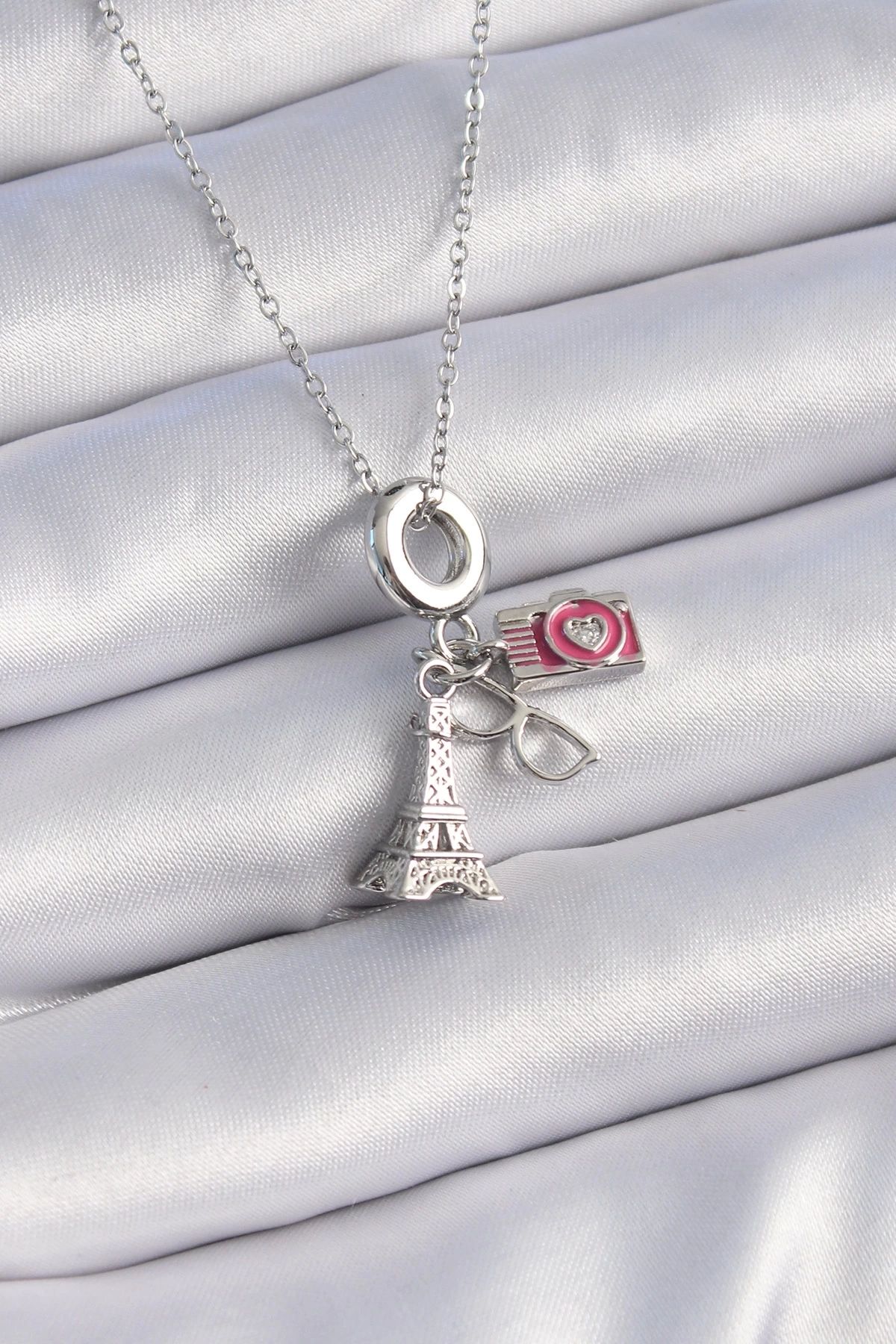 luz&pos 316L Çelik Gümüş Renk Eyfel Kule Fotoğraf Makinesi Model Charm Kadın Kolye