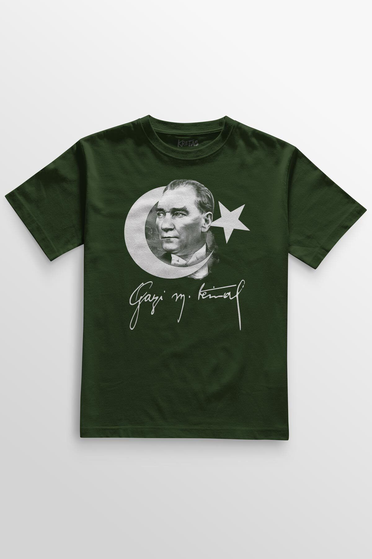 Kretas Atatürk Gazi Mustafa Kemal 10 Kasım Türk Bayrağı Baskılı Haki T-shirt Unisex Tişört