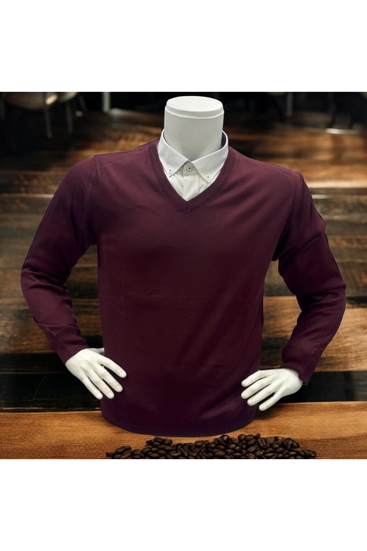 EREN STYLE Uzun Kollu Bordo V Yaka Süveter